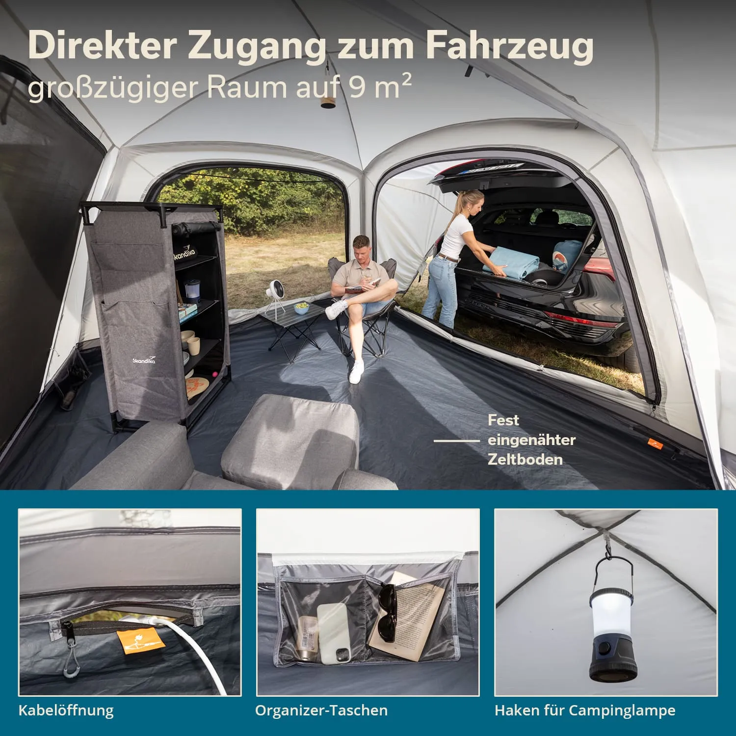 Zelt mit offenem Zugang zu einem Fahrzeug. Innenraum mit Stühlen, Tisch und einem Regal. Zusätzliche Funktionen: Kabelöffnung, Organizer-Taschen und Haken für Lampe.