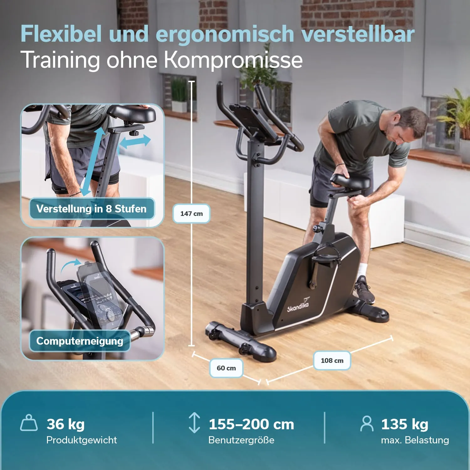 Fitnessgerät in einem modernen Raum. Eine Person passt die Höhe des Geräts an. Technische Details und Maße sind angegeben.