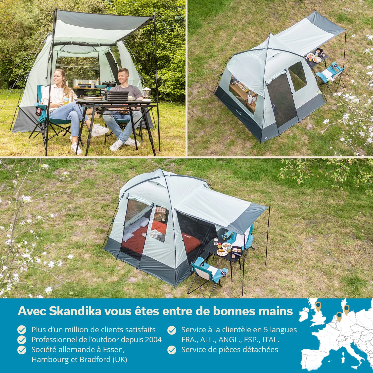 Zelt in einem grünen Garten mit zwei sitzenden Personen am Tisch. Dreigeteilte Ansicht des Zeltes und Zubehör.