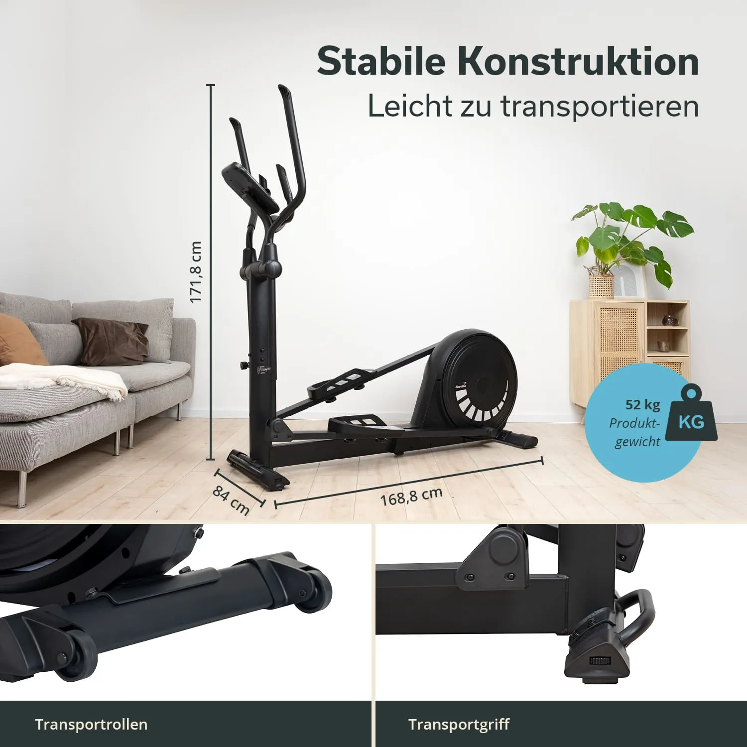 Ellipsentrainer in einem Raum mit Sofa und Pflanze, Maße und Gewicht sind angegeben. Elemente zur Handhabung sind abgebildet.