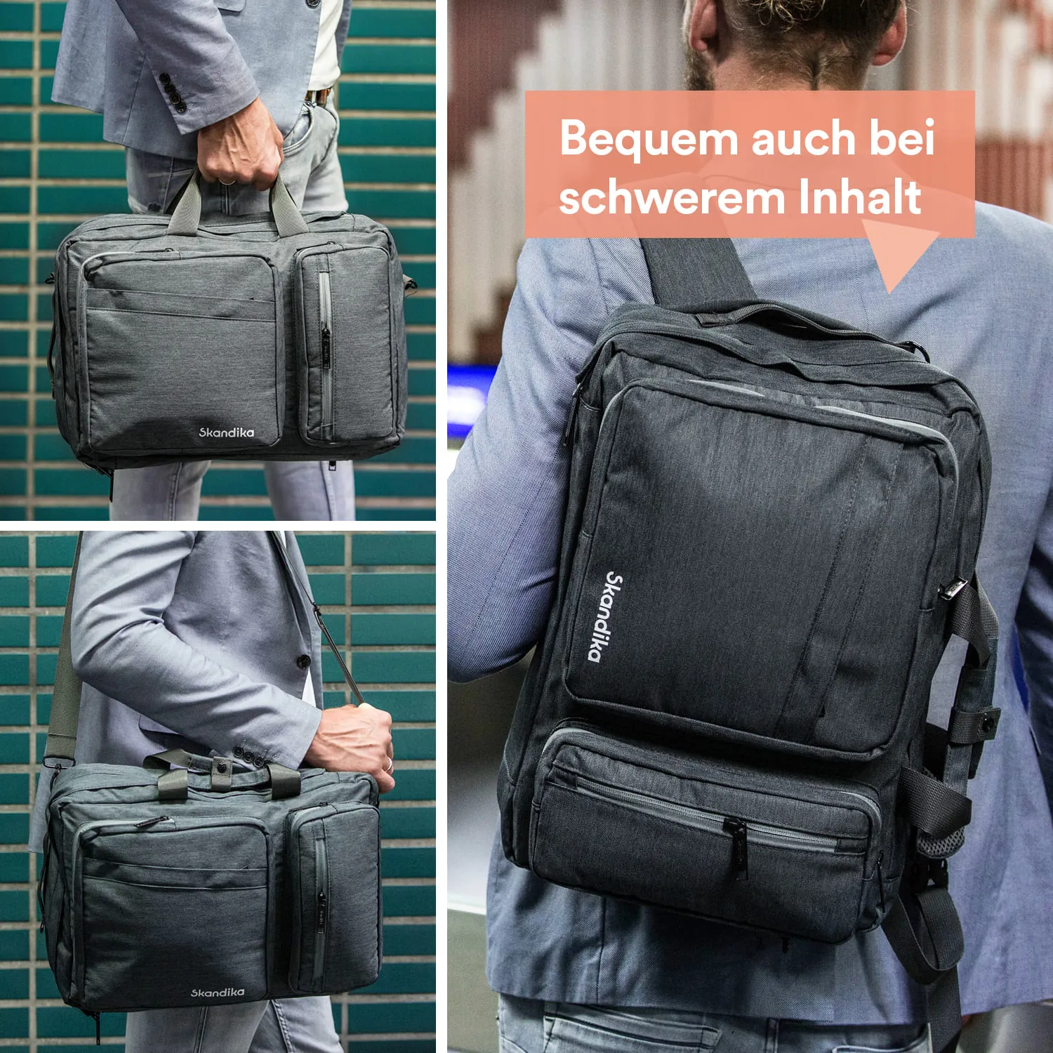 Drei Ansichten einer grauen Tasche mit verschiedenen Trageoptionen. Links wird sie mit der Hand gehalten, rechts ist sie als Rucksack getragen.