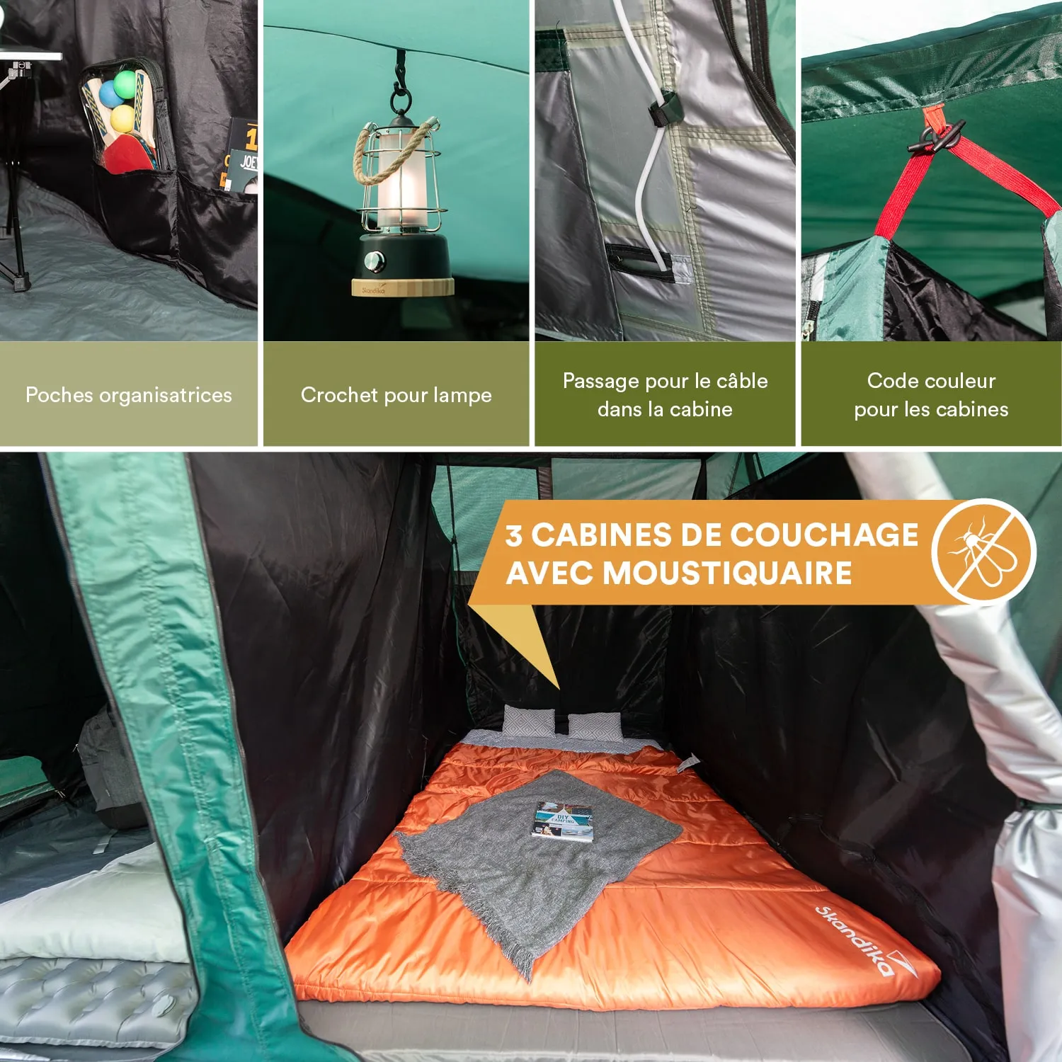 Zeltinnenseite mit drei Schlafkabinen, Ordnungsfächern, einer Lampe und Schlafsack in orange. Moskitonetz sichtbar.