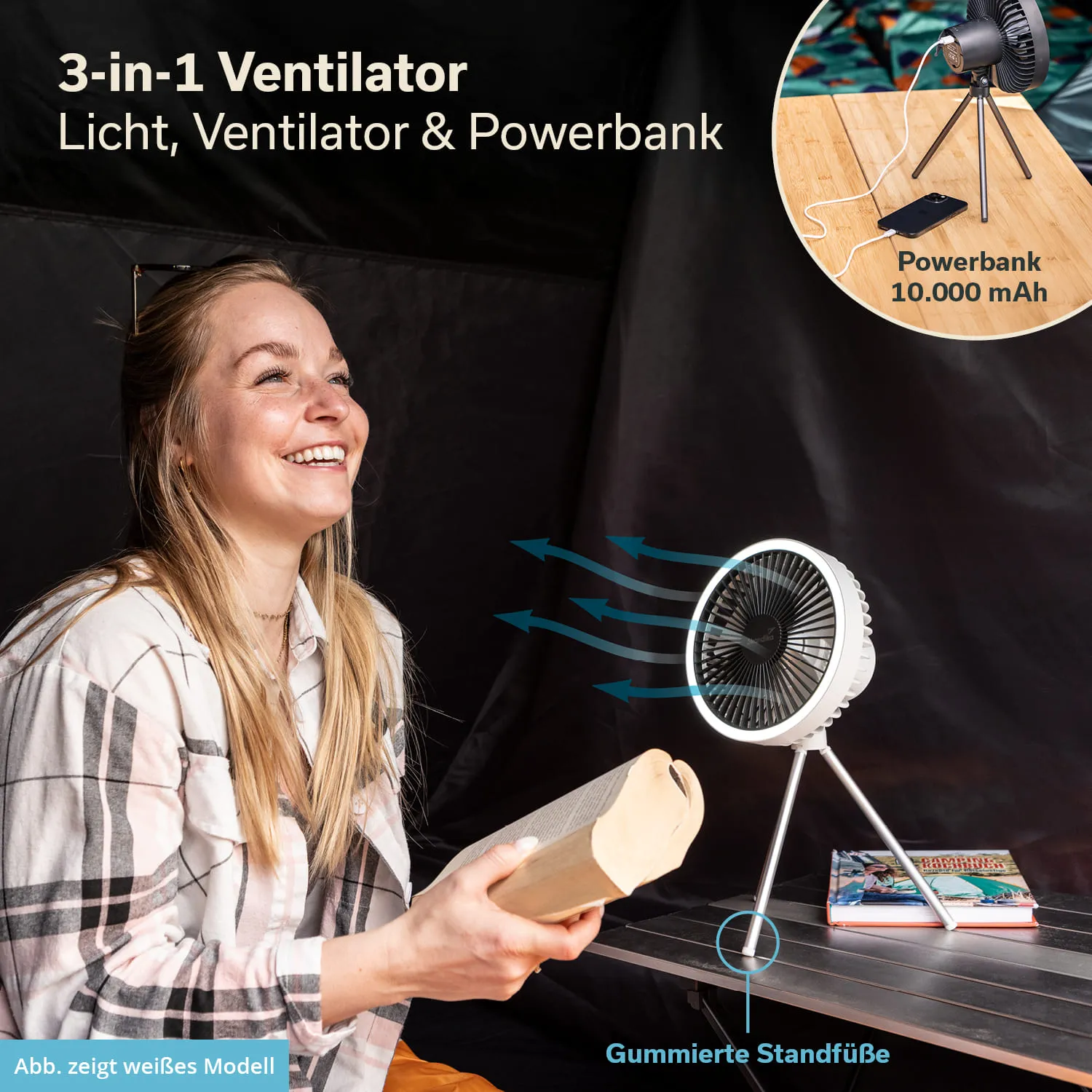 3-in-1 Ventilator auf einem Tisch, neben einer lächelnden Person, die ein Buch hält. Schwarz-grau Hintergrund.