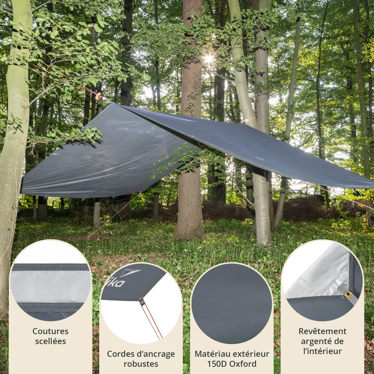 Ein schwarzes Tarp ist zwischen Bäumen im Wald gespannt. Lichtstrahlen fallen durch das Blätterdach. Daneben sind vier Detailansichten des Tarps.