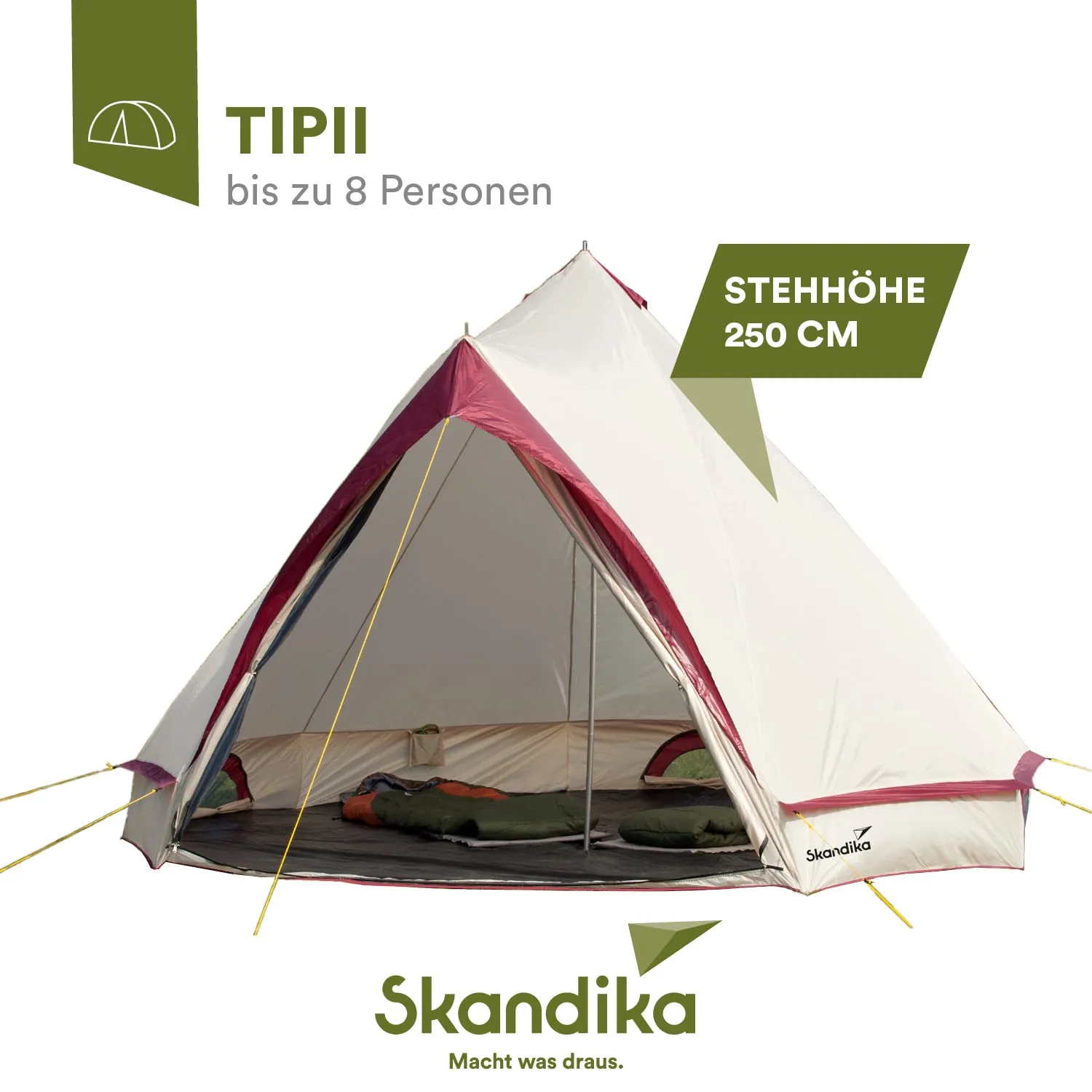 Zelt in Tipi-Form, geeignet für bis zu 8 Personen, mit einer Stehhöhe von 250 cm. In den Farben Weiß und Rot.