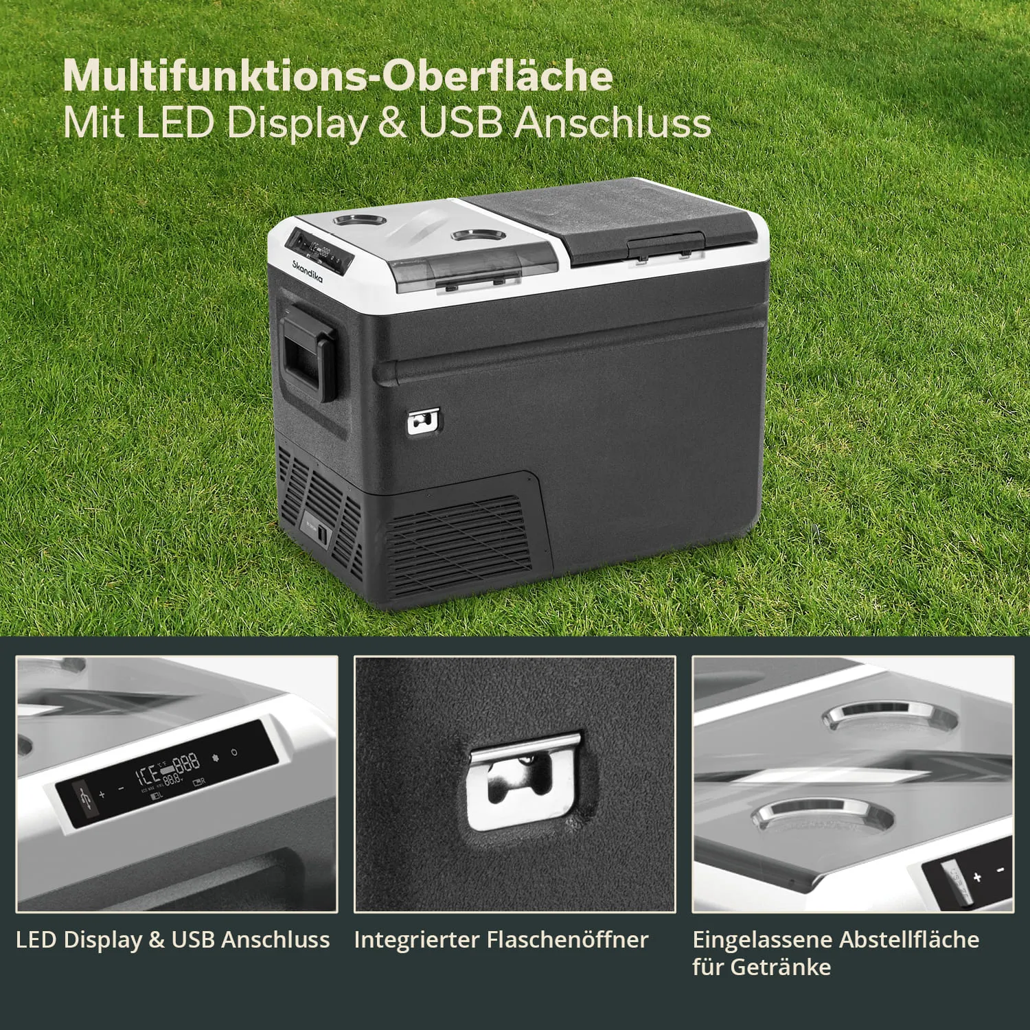 Kühlbox mit LED-Display, USB-Anschluss, integriertem Flaschenöffner und Abstellfläche für Getränke auf grünem Rasen.