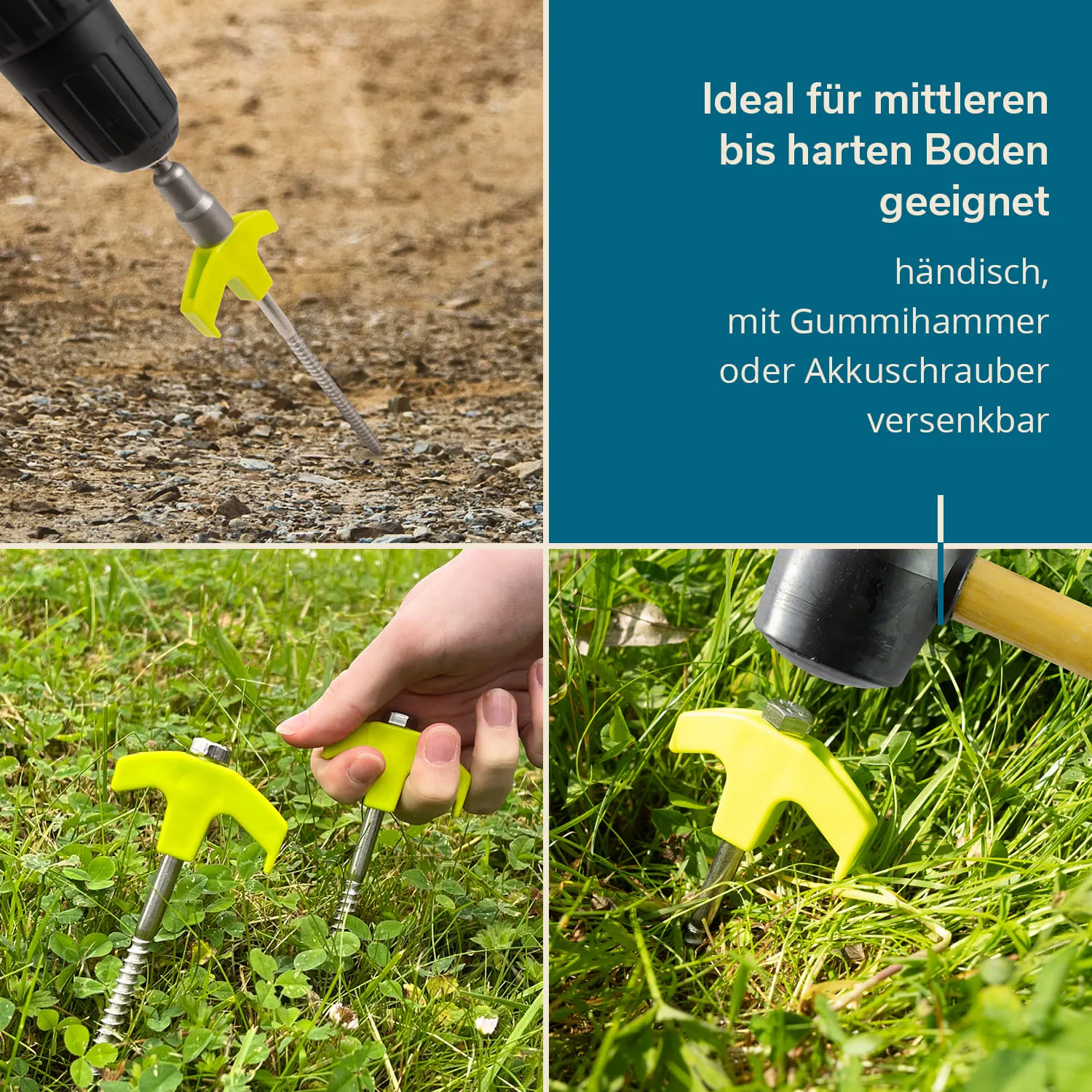 Werkzeug zur Bodenbearbeitung mit gelben Griff in Erdboden, Anwendung mit Hand, Gummihammer oder Akkuschrauber.