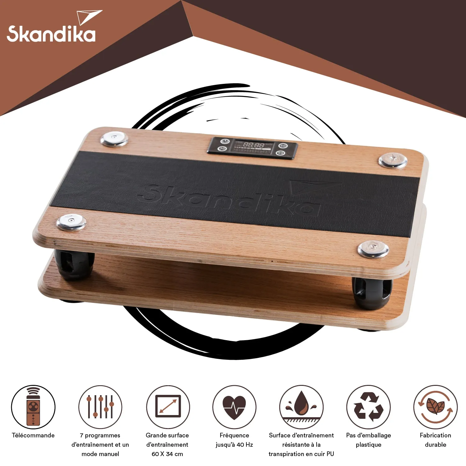 Vibrationsplatte mit Holz-Oberfläche, schwarzem Trainingsbereich und digitalem Display. Hinweise zu Funktionen und Materialien.