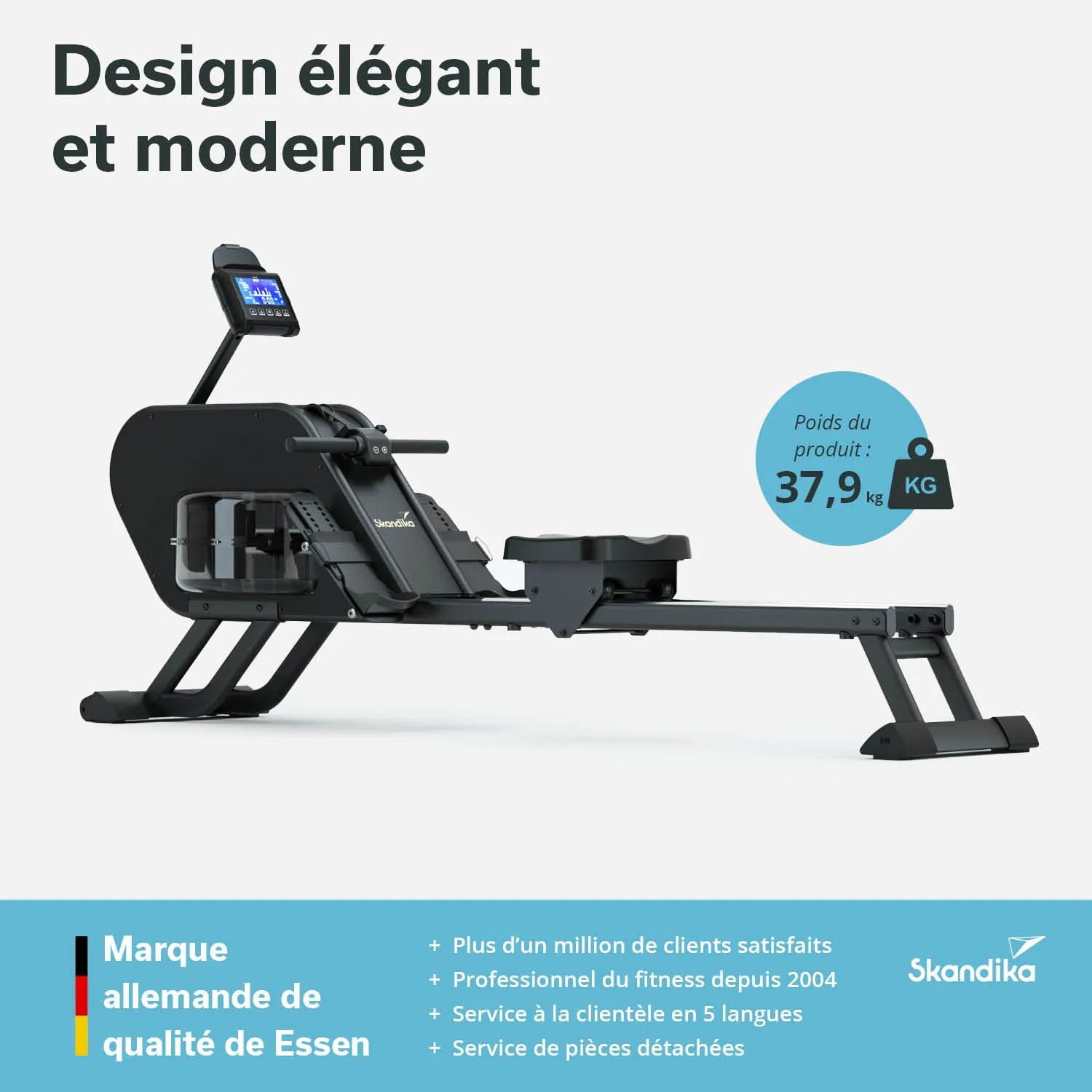 Rudergerät in modernem Design, seitlich abgebildet. Display oben, beschriftete Eckbereiche mit Produktinformationen.