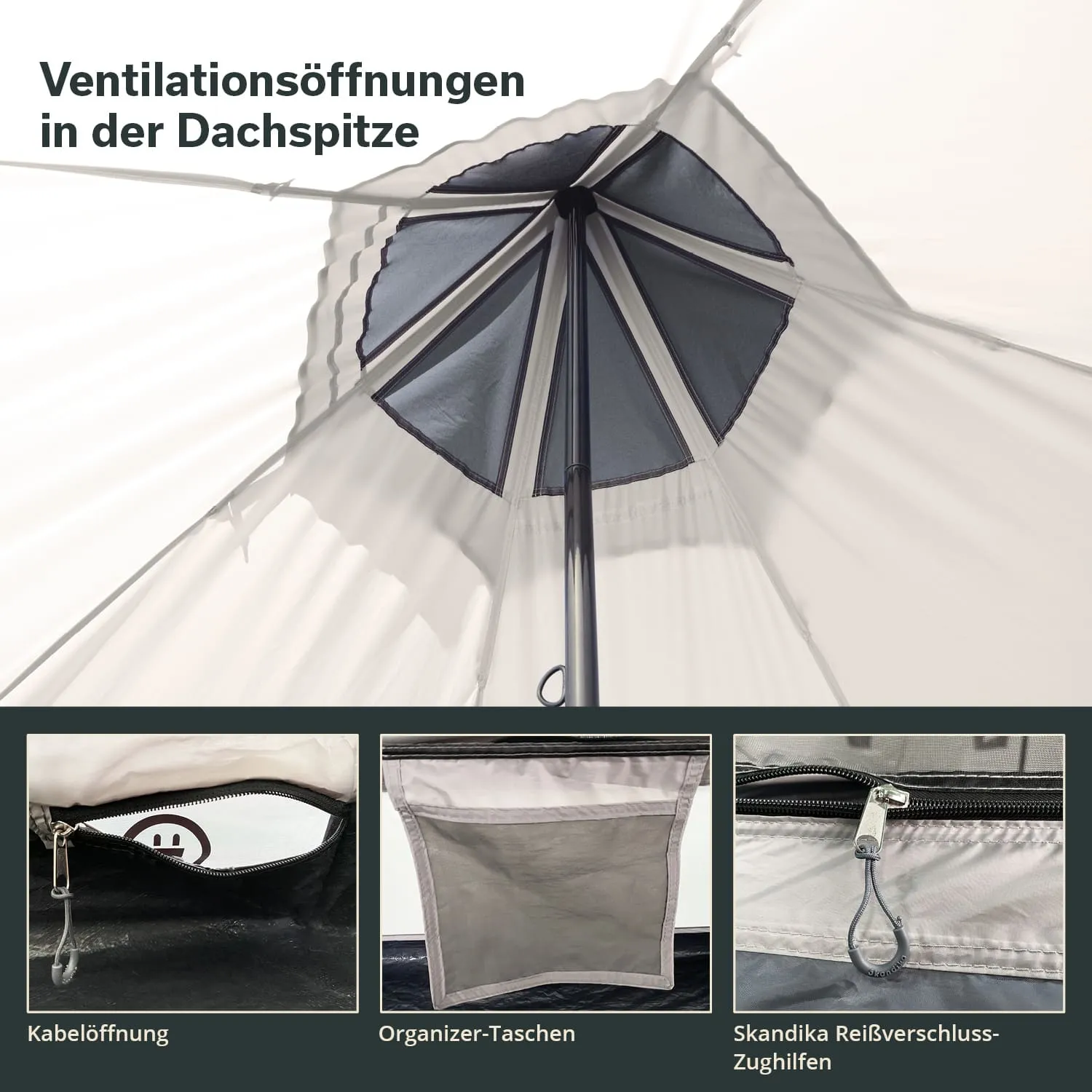 Dachzelt mit Ventilationsöffnungen, Kabelöffnung, Organizer-Taschen und Reißverschluss-Zughilfen.