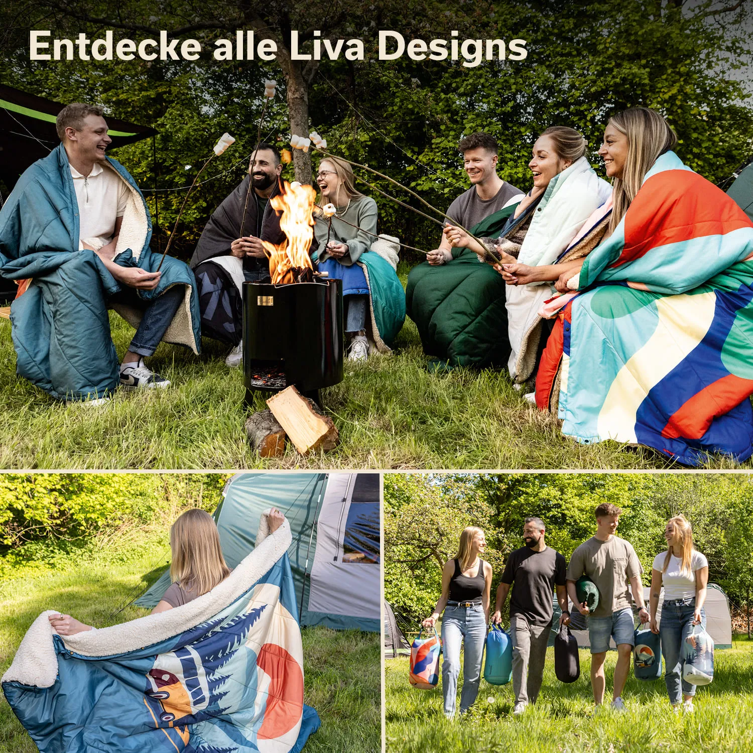 Sechs Personen sitzen in bunten Decken um ein Feuer, darunter ein schwarzer Ofen. Darunter sind zwei weitere Szenen: eine Person mit Decke und eine Gruppe, die Taschen trägt.
