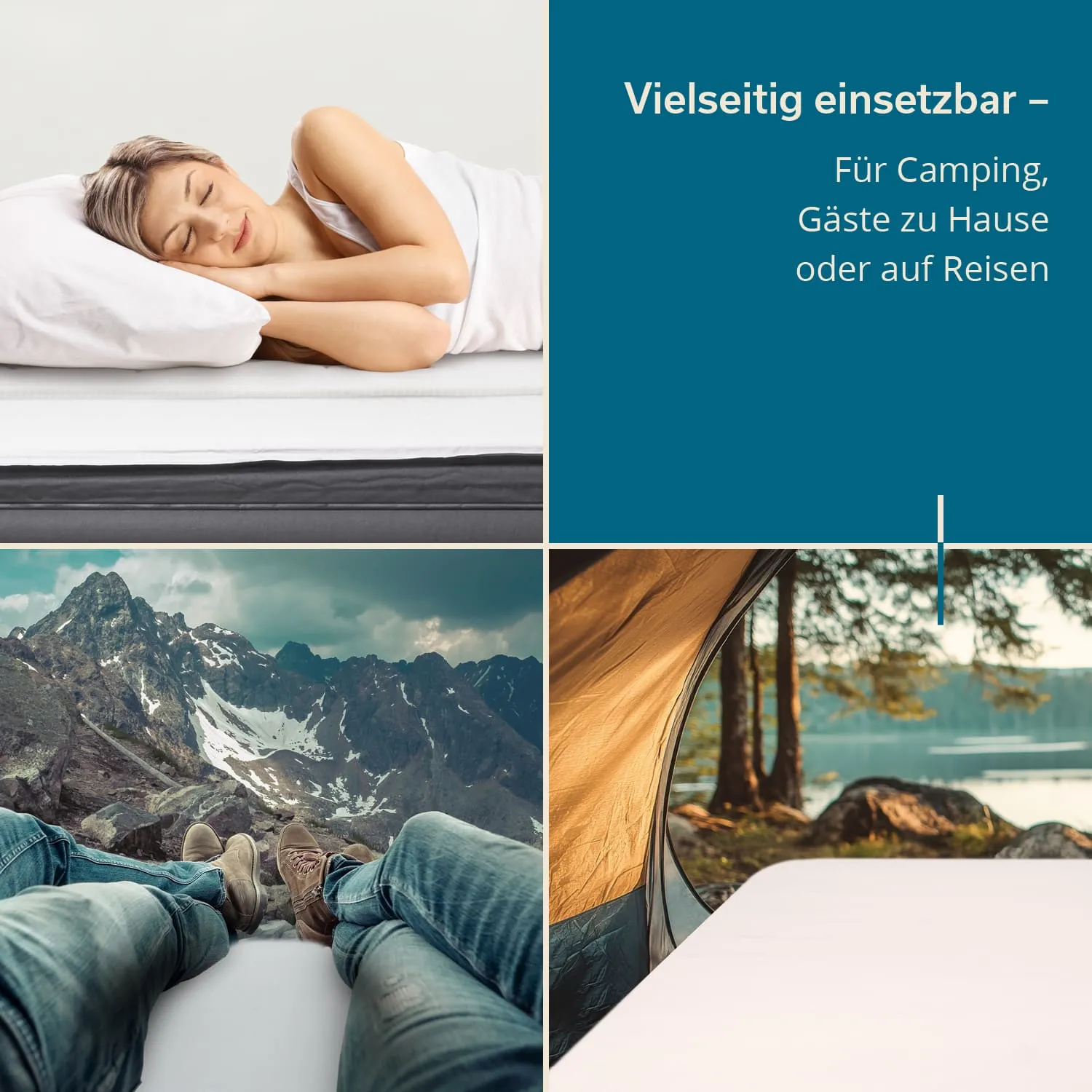 Oben links: schlafende Person auf einer Matratze. Unten links: Beine einer Person, die auf einer Bank mit Berglandschaft blickt. Unten rechts: Innenansicht eines Zeltes mit Blick auf einen See.