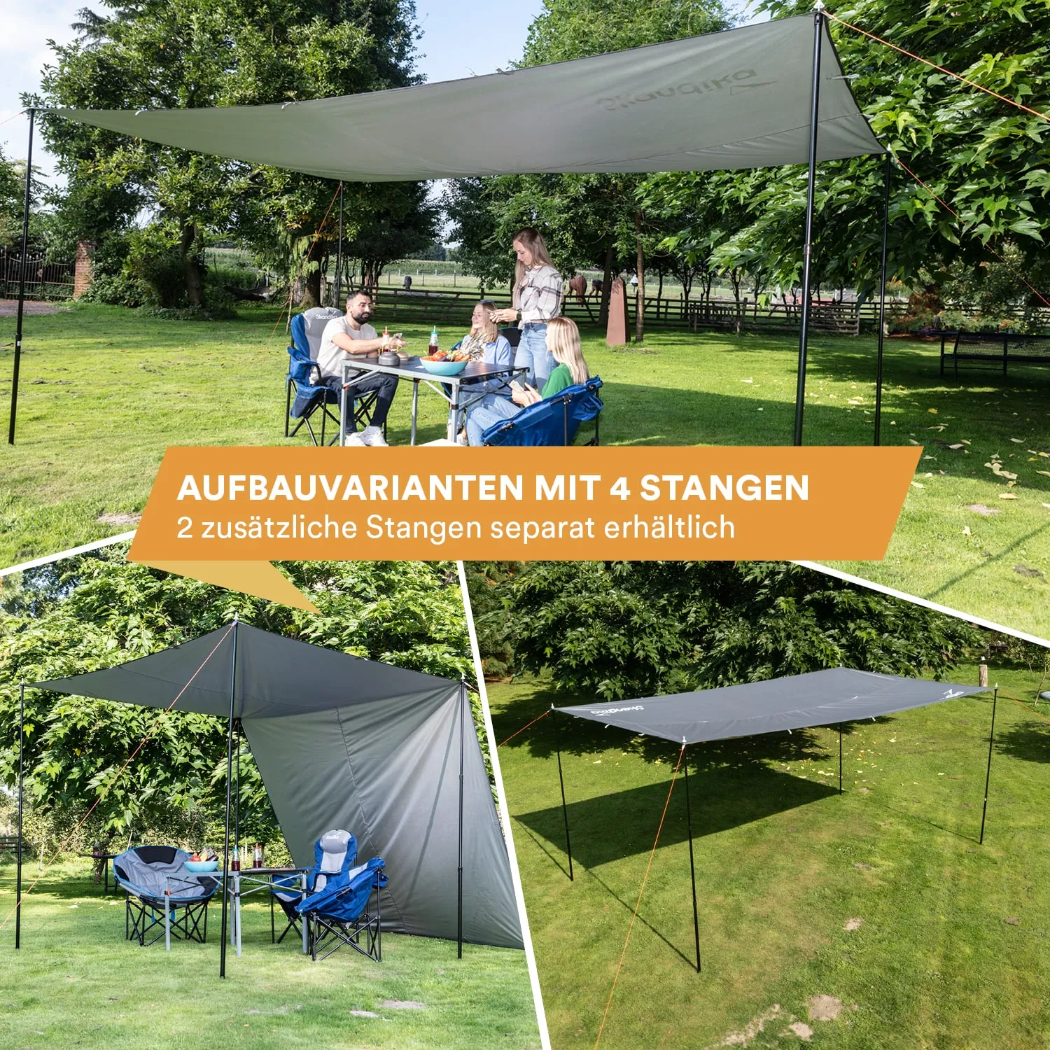 Grau-spielerisches Sonnensegel mit vier Stangen auf einer Wiese, umgeben von Bäumen. Einige Personen sitzen am Tisch.