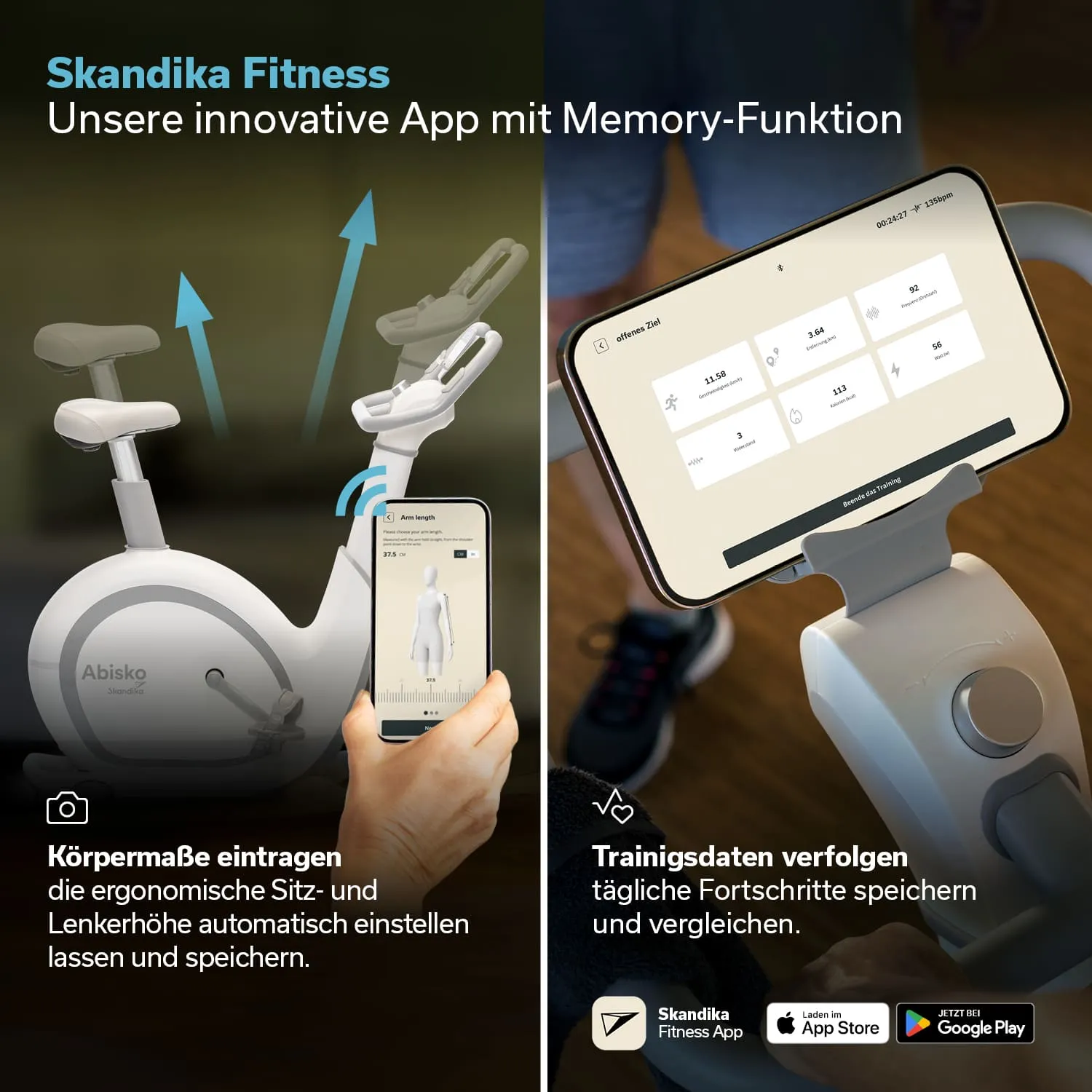 Ergonomisches Fitnessgerät in Weiß mit einem anpassbaren Sitz und Lenker. Im Hintergrund weiche Beleuchtung und Holzoberfläche.