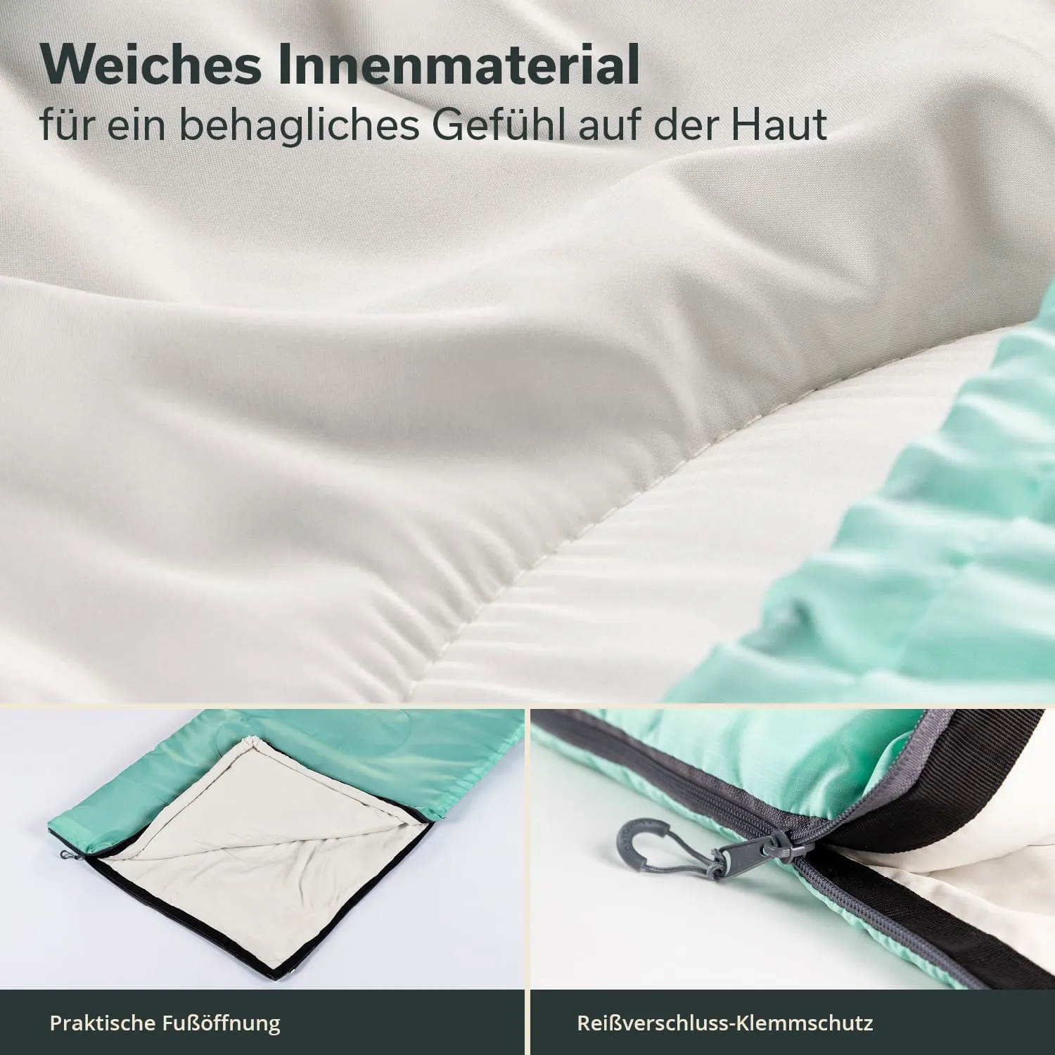 Weiches Innenmaterial in hellem Beige, mit einem grün-blauen Außenrand. Sichtbare Fußöffnung und Reißverschluss-Klemmenschutz.