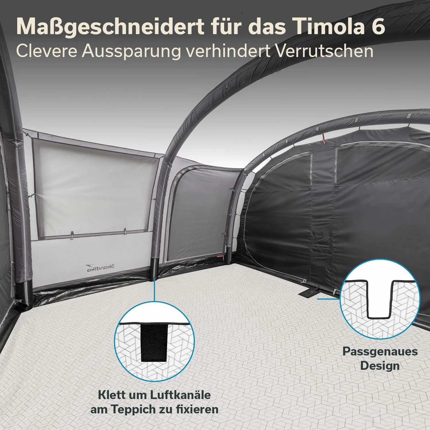 Innensicht eines luftreifen Zeltes mit grauen Wänden und einem strukturierten Boden. Hinweise zu Aussprachen und Design.