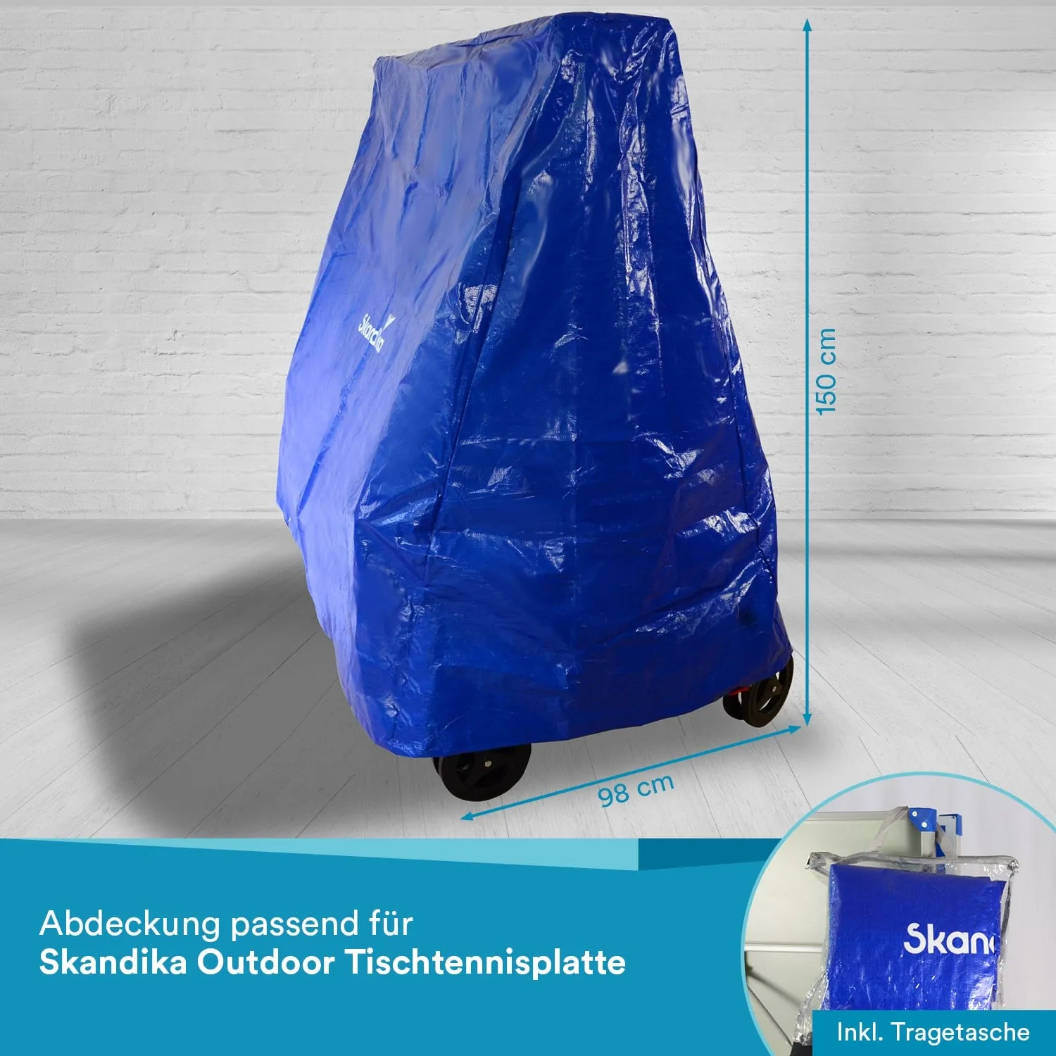 Blaue Abdeckung für eine Tischtennisplatte, auf einem Wagen stehend. Maße: 150 cm hoch, 98 cm breit. Inkl. Tragetasche.