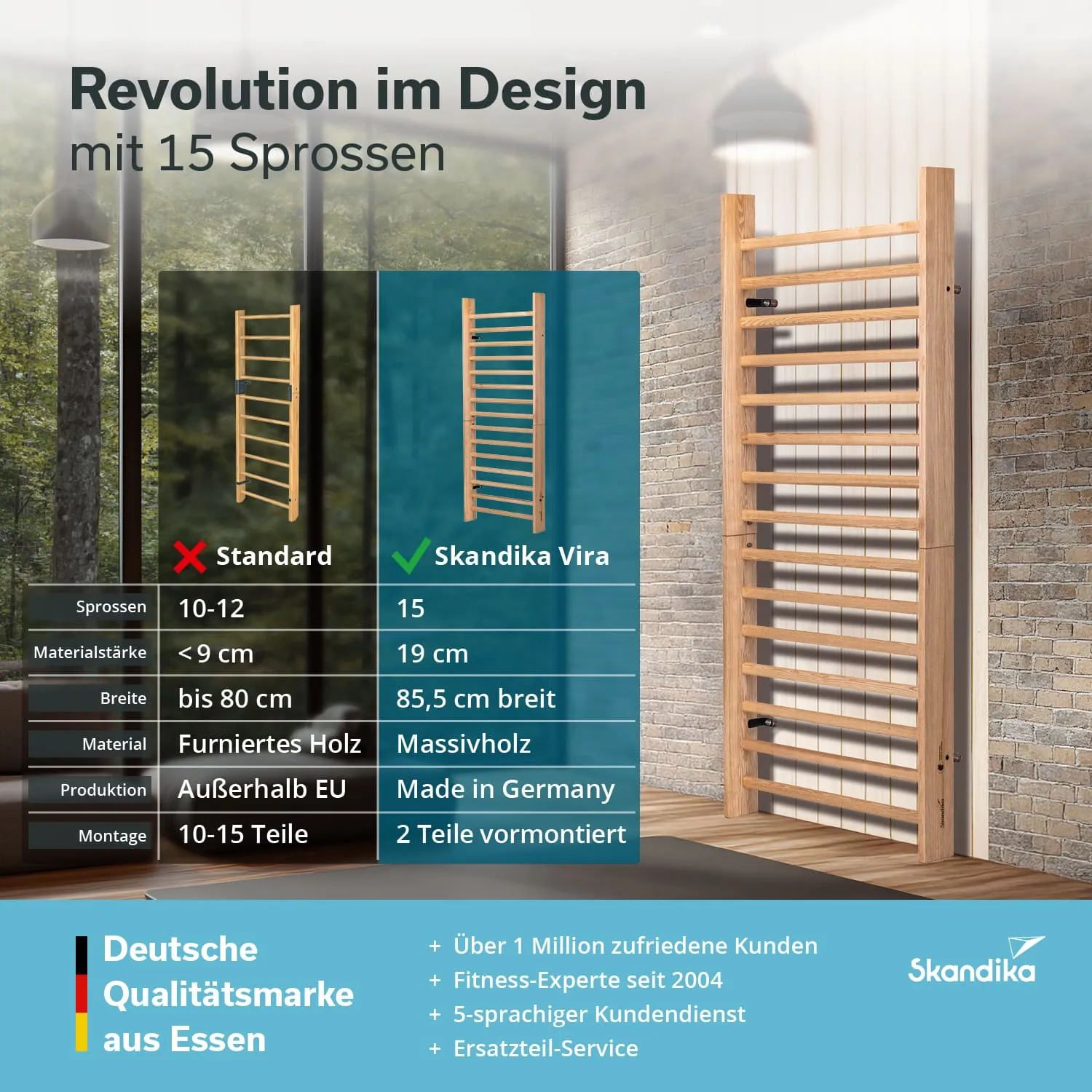 Vergleich von zwei Designs für ein Gerät mit 15 Sprossen, inklusive Spezifikationen und Produktionsdetails. Holzstruktur sichtbar.