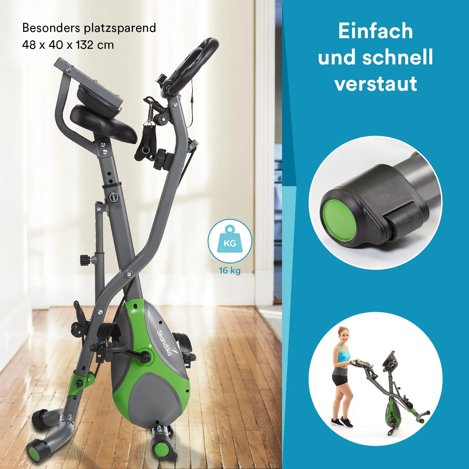 Faltbares Heimtrainingsgerät in Grau und Grün, mit Details zur Platzersparnis und einem Gewicht von 16 kg. Holzboden im Hintergrund.