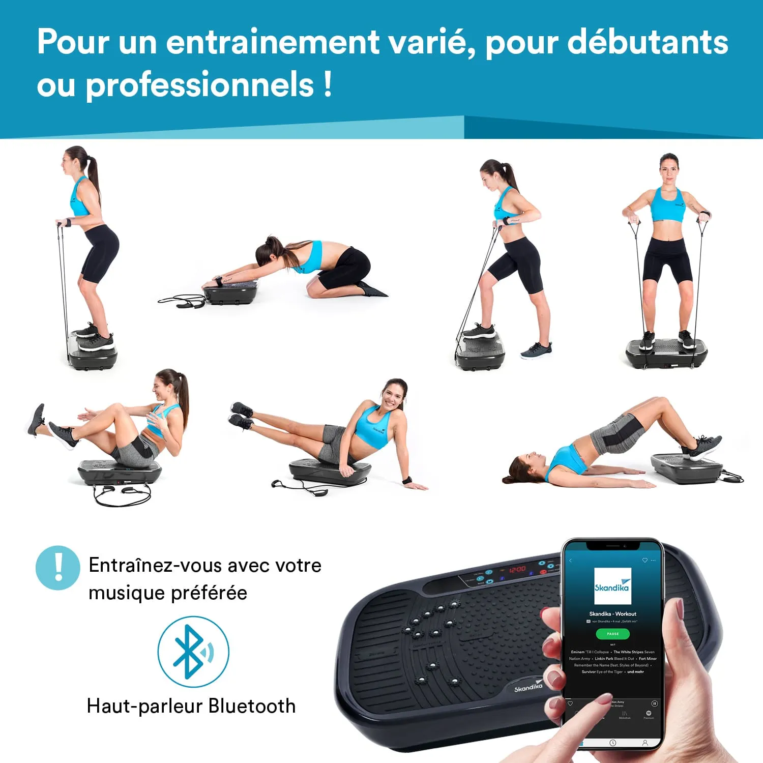 Mehrere Frauen in Sportbekleidung führen verschiedene Übungen auf einem Vibrationsgerät durch. Unten rechts ein Smartphone mit Musik-App.