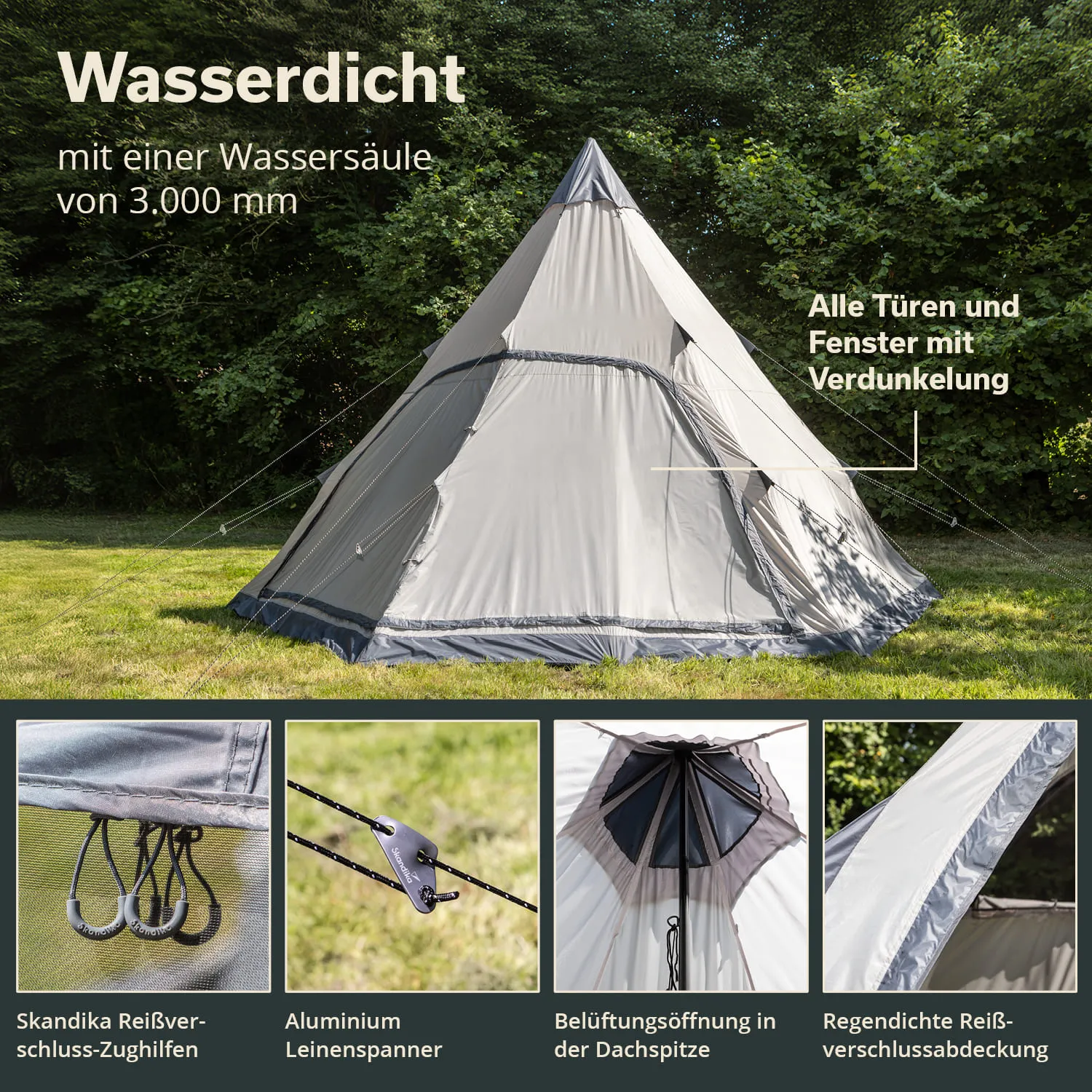 Zelt in grauer Farbe auf einer Wiese, umgeben von Bäumen. Informationen zu wetterfesten Eigenschaften und Details in Kästchen.