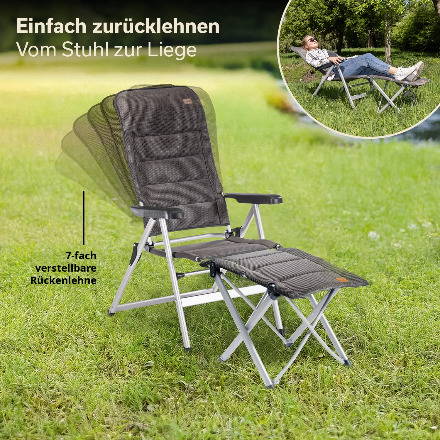 Klappstuhl mit verstellbarer Rückenlehne auf einer Wiese, daneben eine abgebildete Liegeposition.