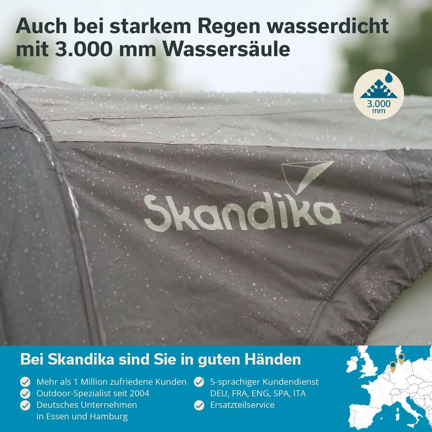 Zeltplane mit Wassertropfen, Marke "Skandika" und Hinweis auf Wasserfestigkeit (3.000 mm) in beschreibendem Text.