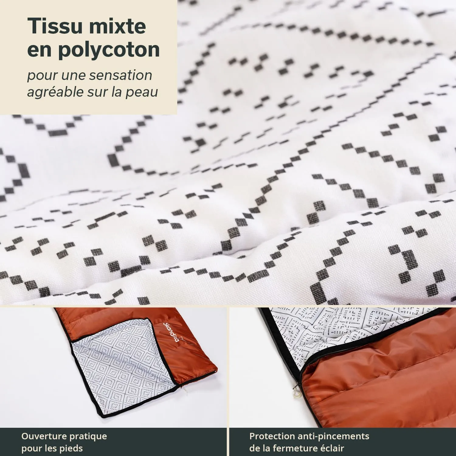 Schlafsack aus polycotton mit geometrischem Muster in Schwarz und Weiß, orangefarbener Öffnung an der Seite.