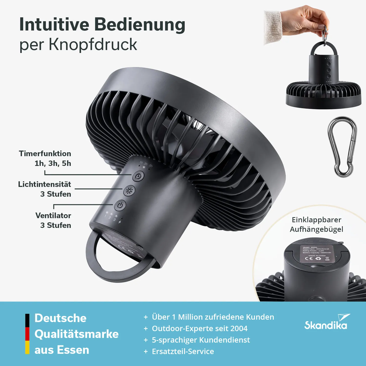 Schwarzer tragbarer Ventilator mit Knopfbedienung, Timerfunktion und Lichtintensität. Inklusive Aufhängemöglichkeit.