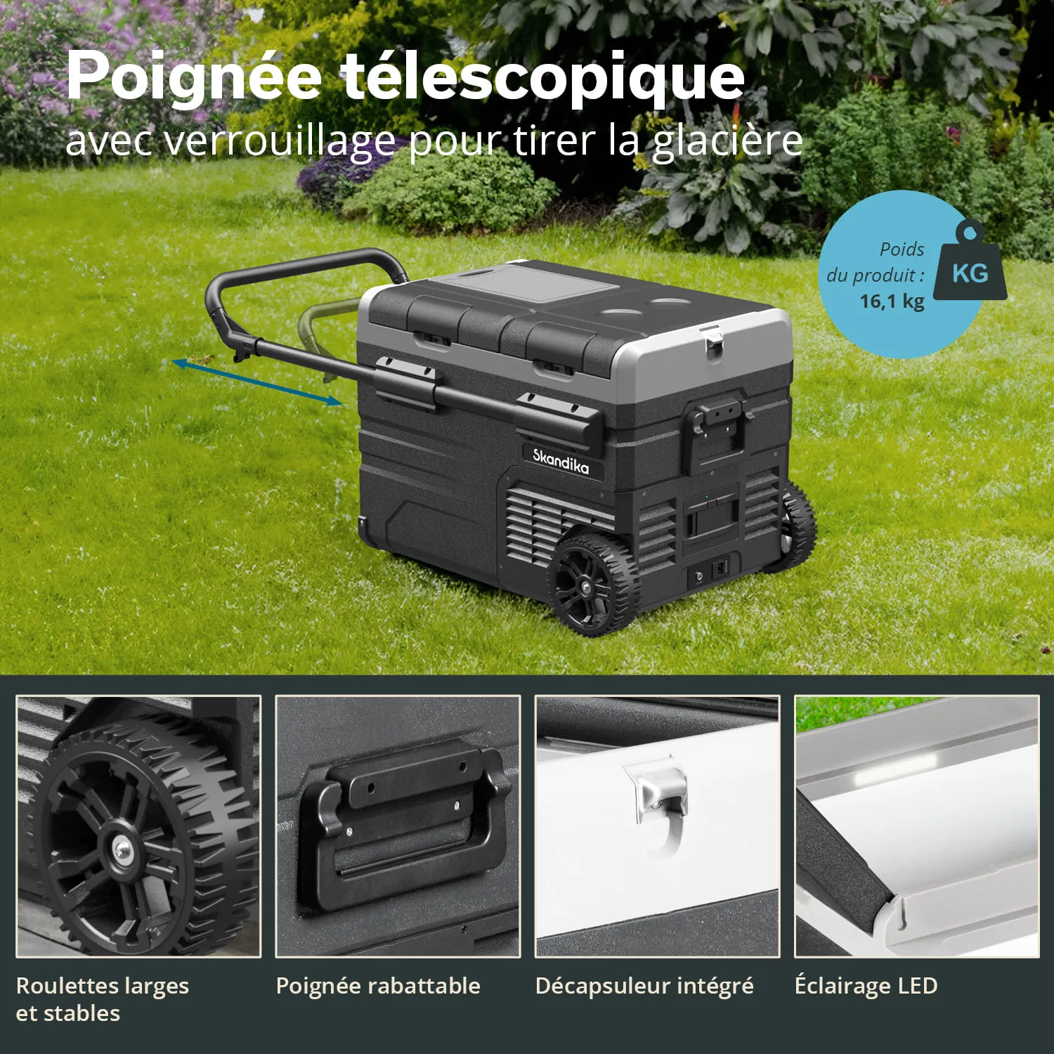 Kühlbox mit Teleskopgriff und großen Rädern auf einer Grasfläche. Funktionen sind abgebildet: Klappgriff, integrierter Flaschenöffner, LED-Beleuchtung.