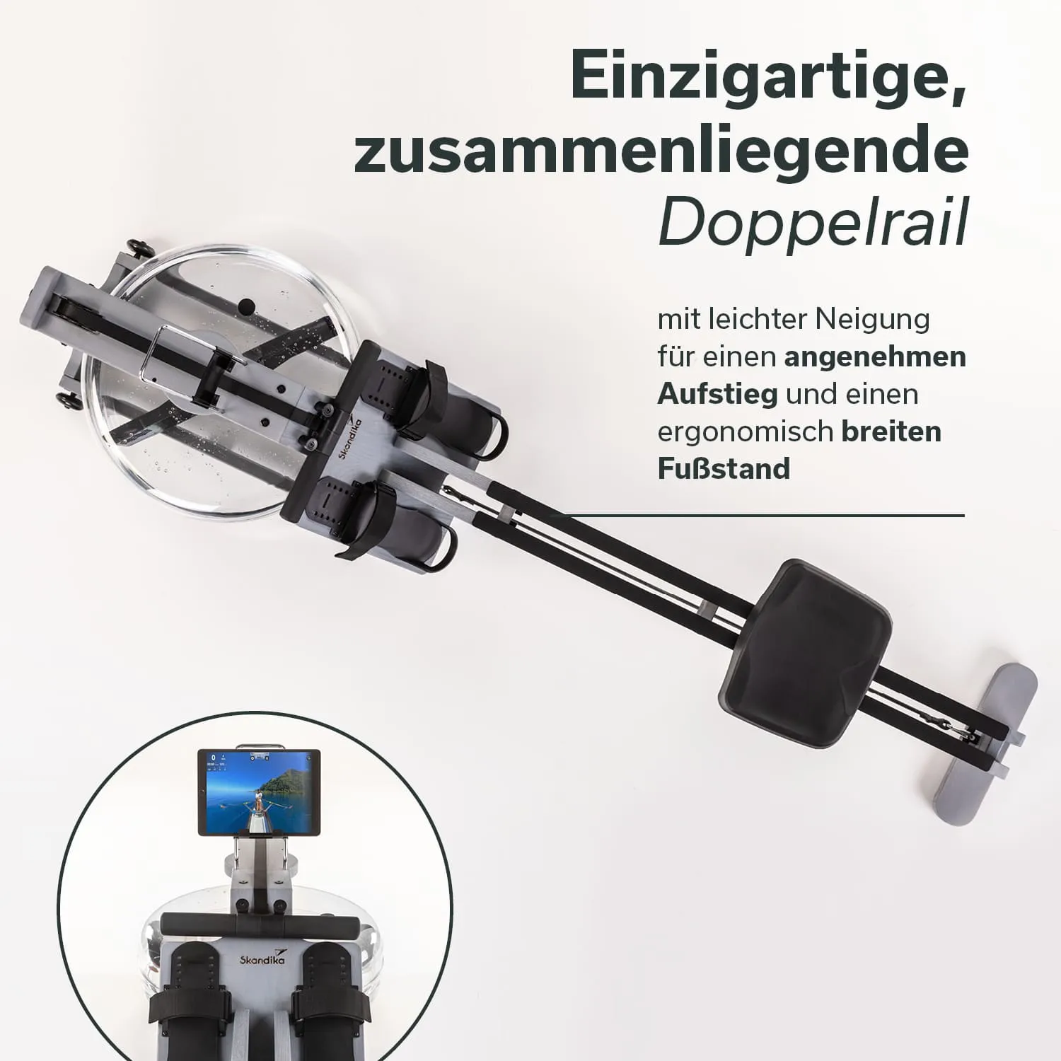 Rudergerät mit doppelliegendem Rail, ergonomischem Sitz und Fußstützen, sowie Halterung für ein Tablet.