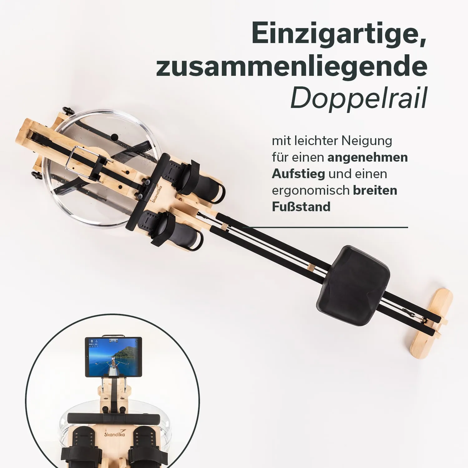 Wasser-Rudergerät aus Holz mit klappbarem design. Sitz, Fußstützen und Halterung für ein Gerät sind sichtbar.