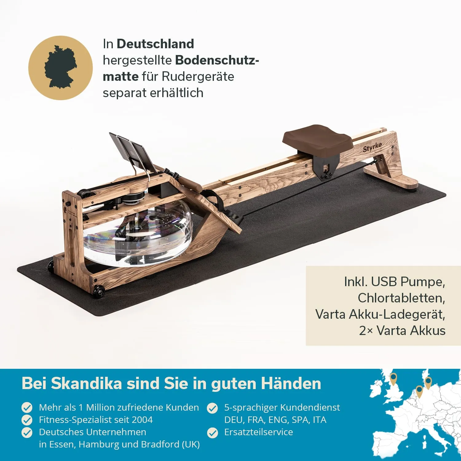 Rudergerät aus Holz auf schwarzer Bodenschutzmatte, mit Details zu Zubehör und Unternehmensinformationen in Textform.