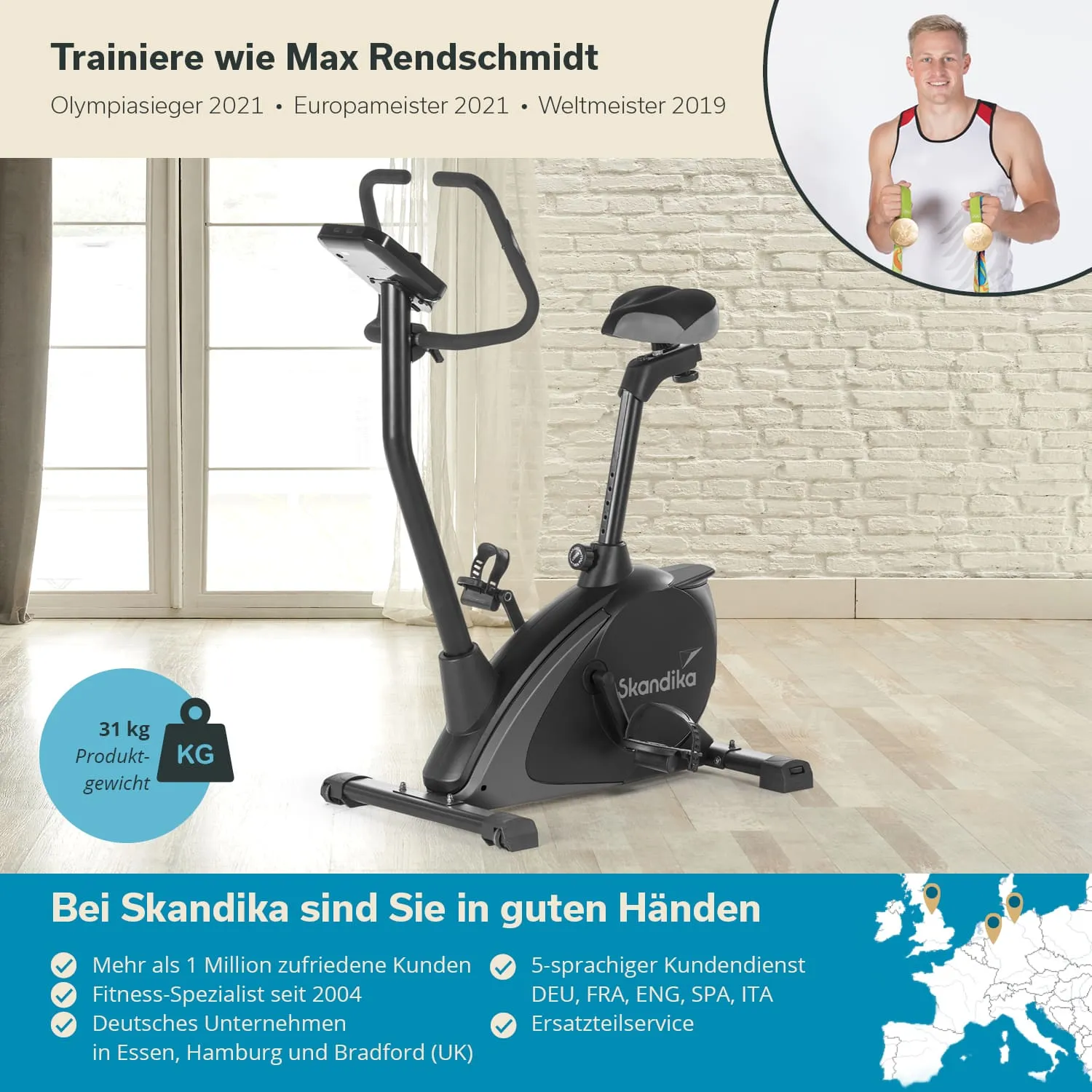 Schwarzäugiger Ergometer von Skandika in einem hellen Raum mit Holzboden und einem Fenster im Hintergrund.