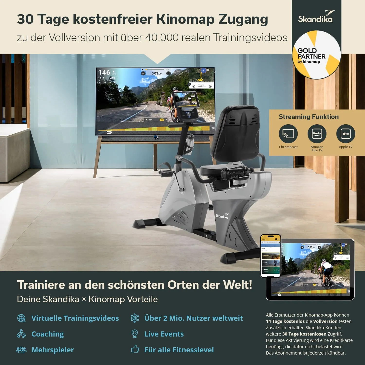 Fahrrad-Ergometer vor einem Fernseher in einem modernen Raum. Auf dem Bildschirm sind Trainingsvideos angezeigt.