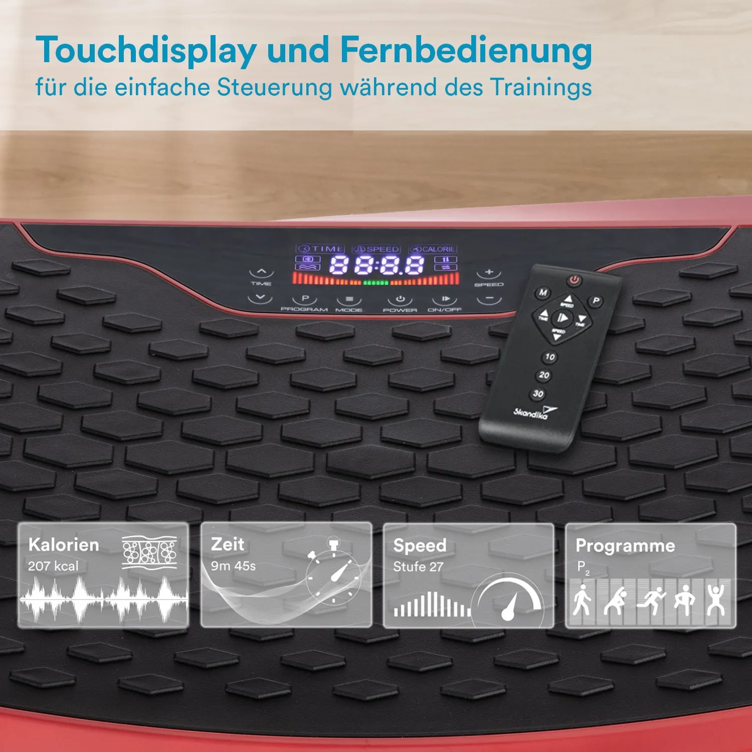 Vibrationsgerät mit Touchdisplay und Fernbedienung, Anzeige für Kalorien, Zeit, Geschwindigkeit und Programme.