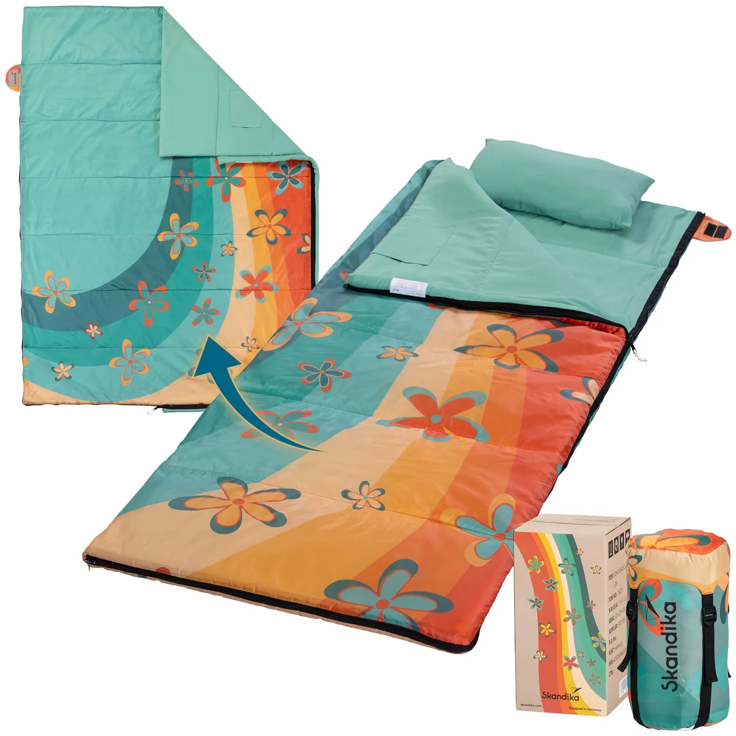 Buntes Schlafsack-Set mit floralem Muster, aufgedeckt und mit Kissen. Verpackung daneben.