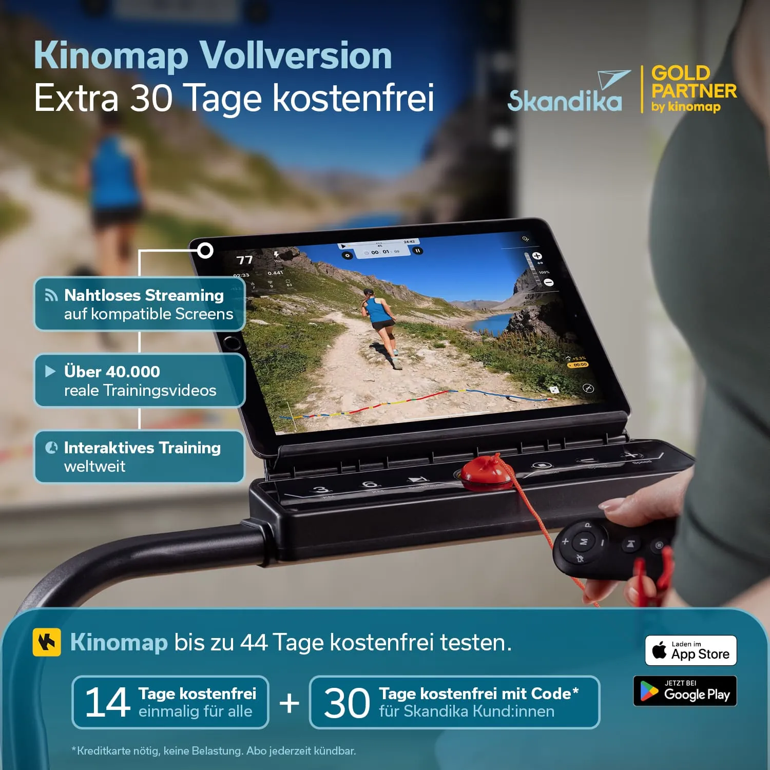 Screenshot einer Kinomap-Werbung mit einem Tablet, das ein Laufvideo zeigt. Darunter Textinformationen zu Abonnements und Funktionen.