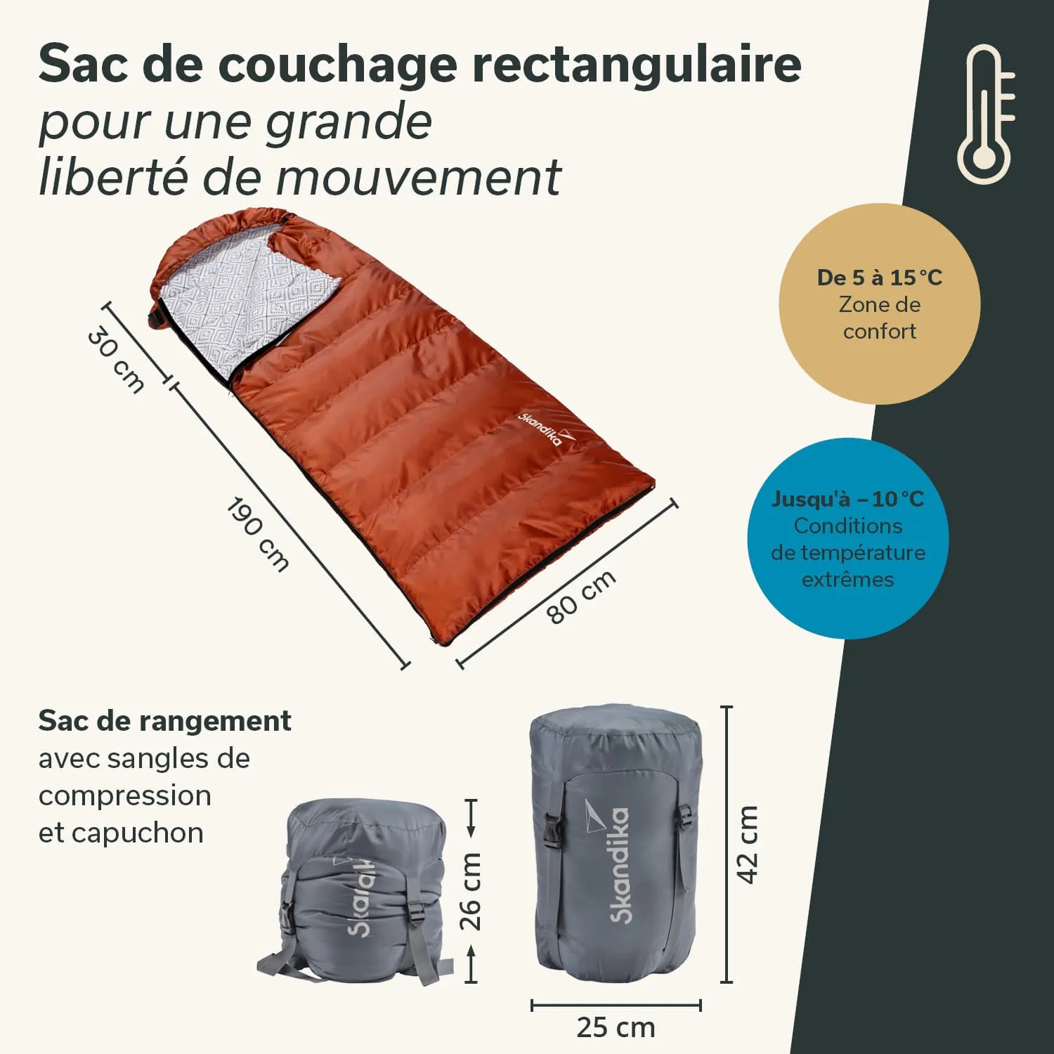 Rechteckiger Schlafsack in orange mit Innenfutter. Enthält Maße und Temperaturangaben, sowie eine graue Aufbewahrungstasche.