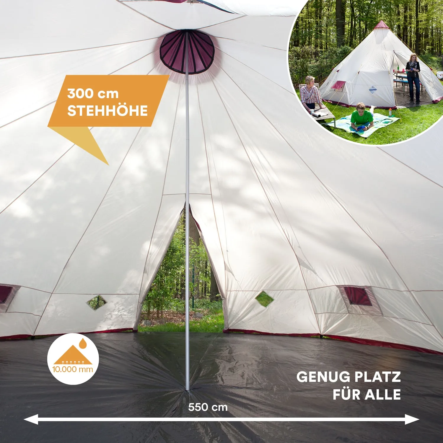 Zelt mit 300 cm Stehhöhe, innen mit senkreptem Stützpfosten und Bodenansicht. Außenzelt im Hintergrund.