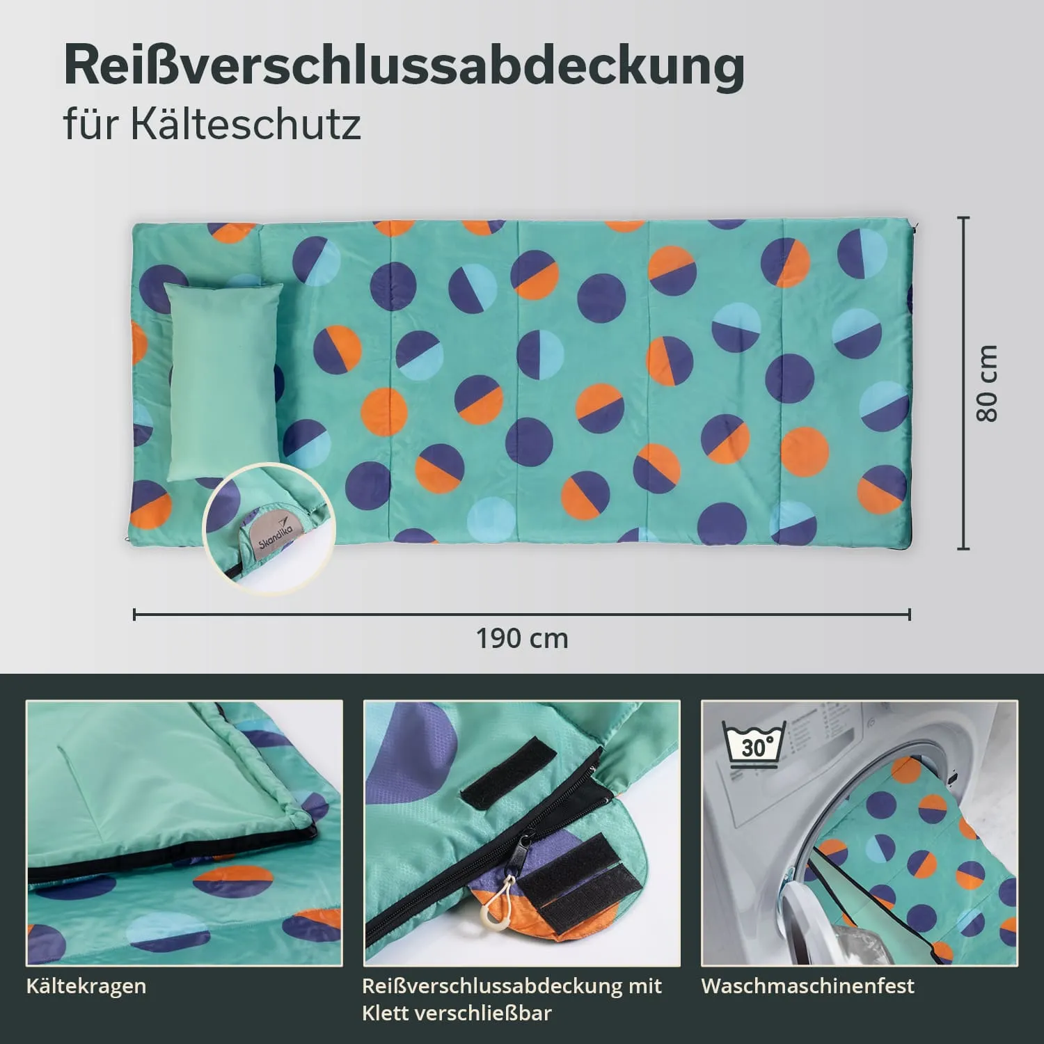Bunte Reisverschlussabdeckung für Kälteschutz, 190 cm lang und 80 cm breit. Enthält Kissen und ist maschinenwaschbar.