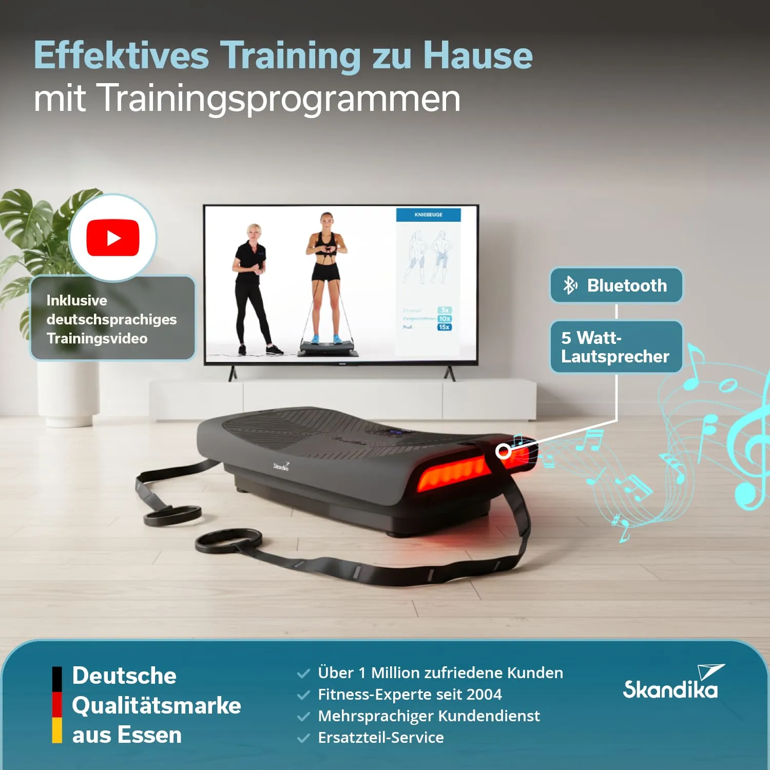 Vibrationsplatte auf einem Holzboden vor einem Fernseher mit Trainingsanleitung und Details zu Funktionen.