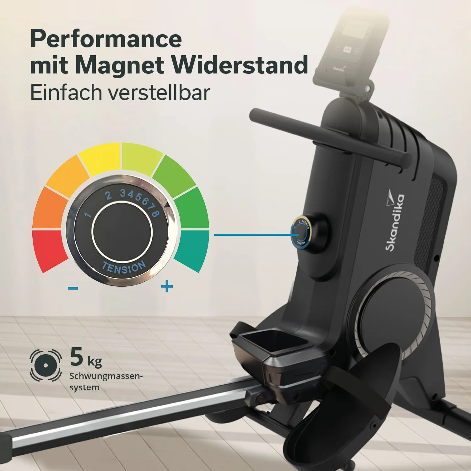 Rudergerät mit einstellbarem Magnetwiderstand. Anzeige für Widerstandsstufen, 5 kg Schwungmassensystem und Halterung.