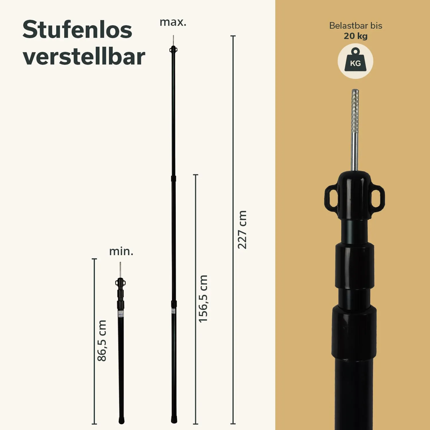 Verstellbarer Teleskopstab mit Höhenangaben (86,5 cm - 227 cm) und maximaler Belastbarkeit von 20 kg.