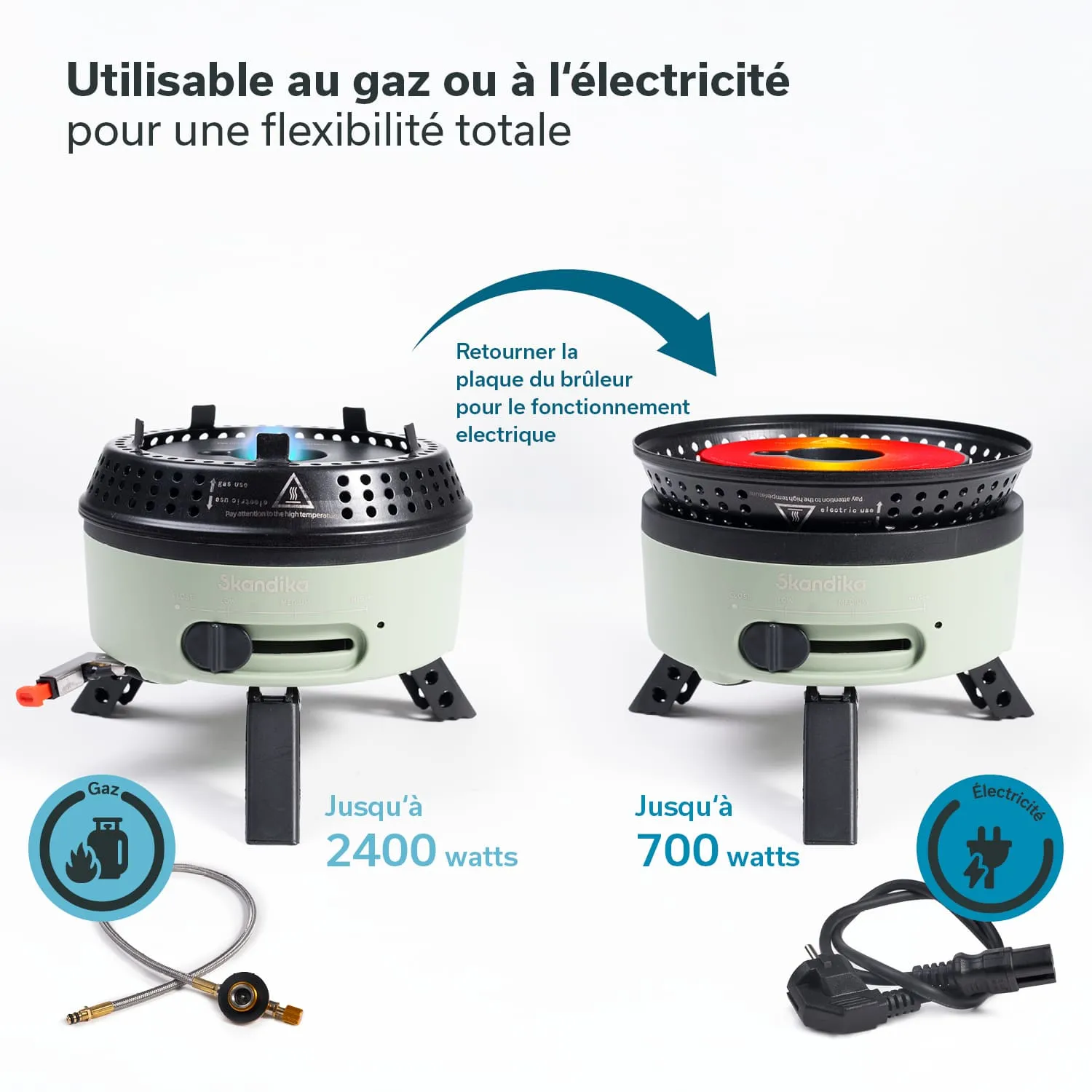 Zwei tragbare Kocher, einer für Gas (2400 Watt) und einer für Elektrizität (700 Watt), mit Anleitungen und Anschlüssen.
