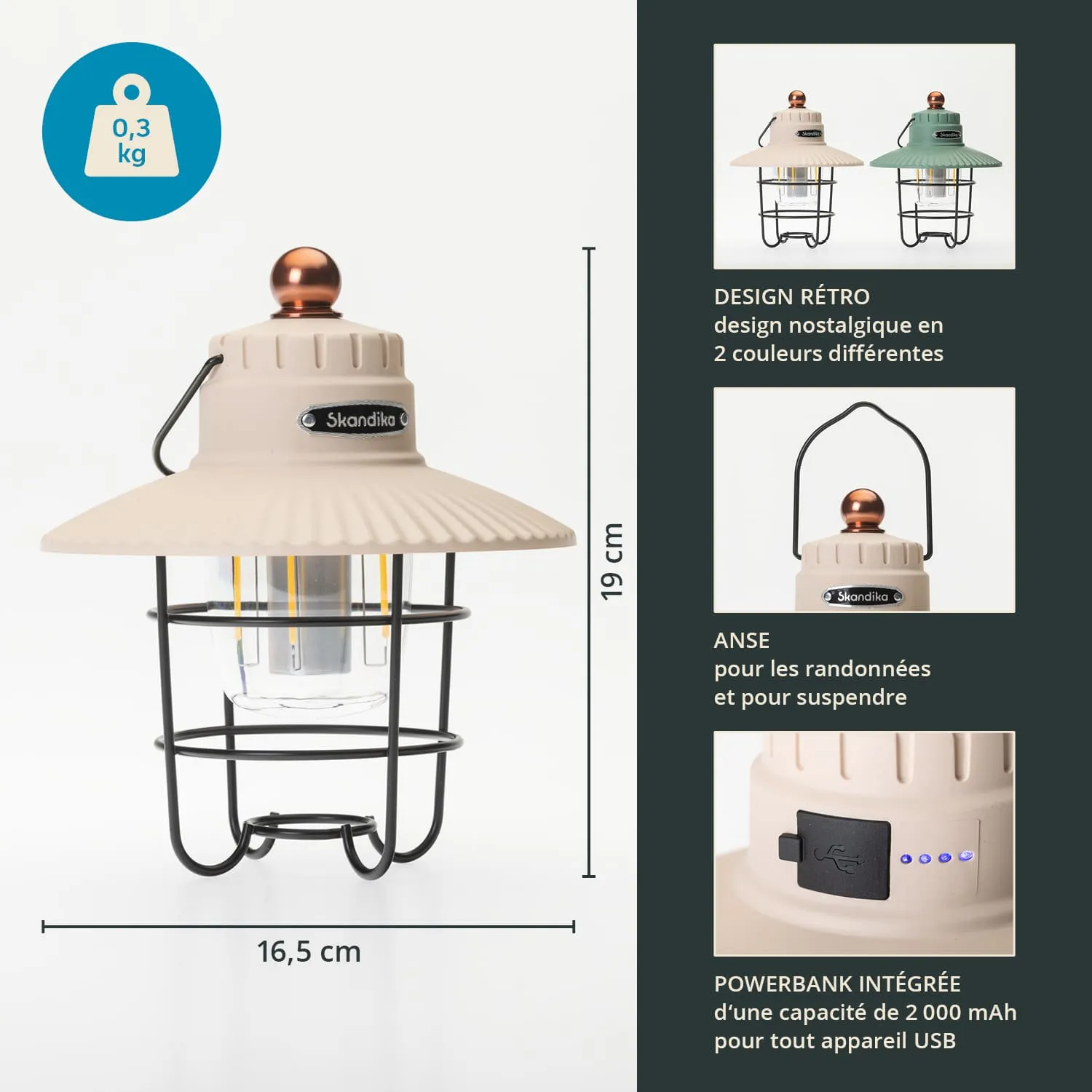 Retro-Lampe mit rundem Schirm, schwarz-gestreiftem Korb, Maße 19 cm hoch und 16,5 cm Durchmesser, beige mit kupferfarbener Kappe.