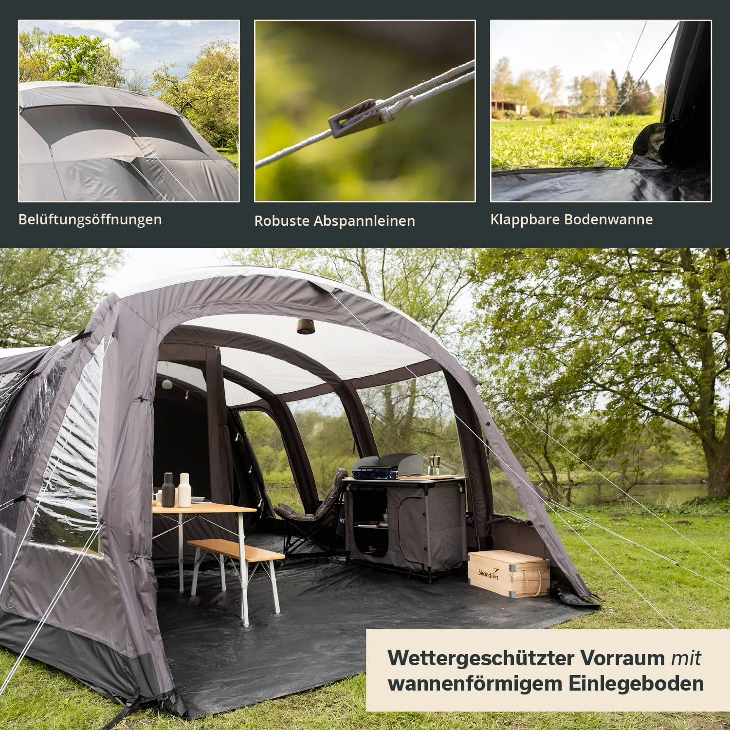 Wettergeschützter Vorraum eines Zeltes mit einer Klappbare Bodenwanne, Tisch, Stühlen und Kochbereich.