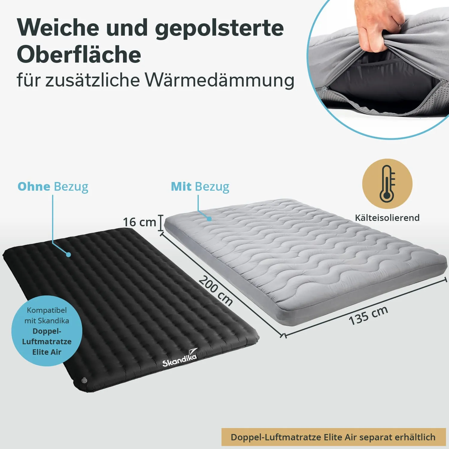 Luftmatratze in zwei Varianten nebeneinander: ohne Bezug (schwarz) und mit Bezug (grau), Maße und Isolationseigenschaft dargestellt.