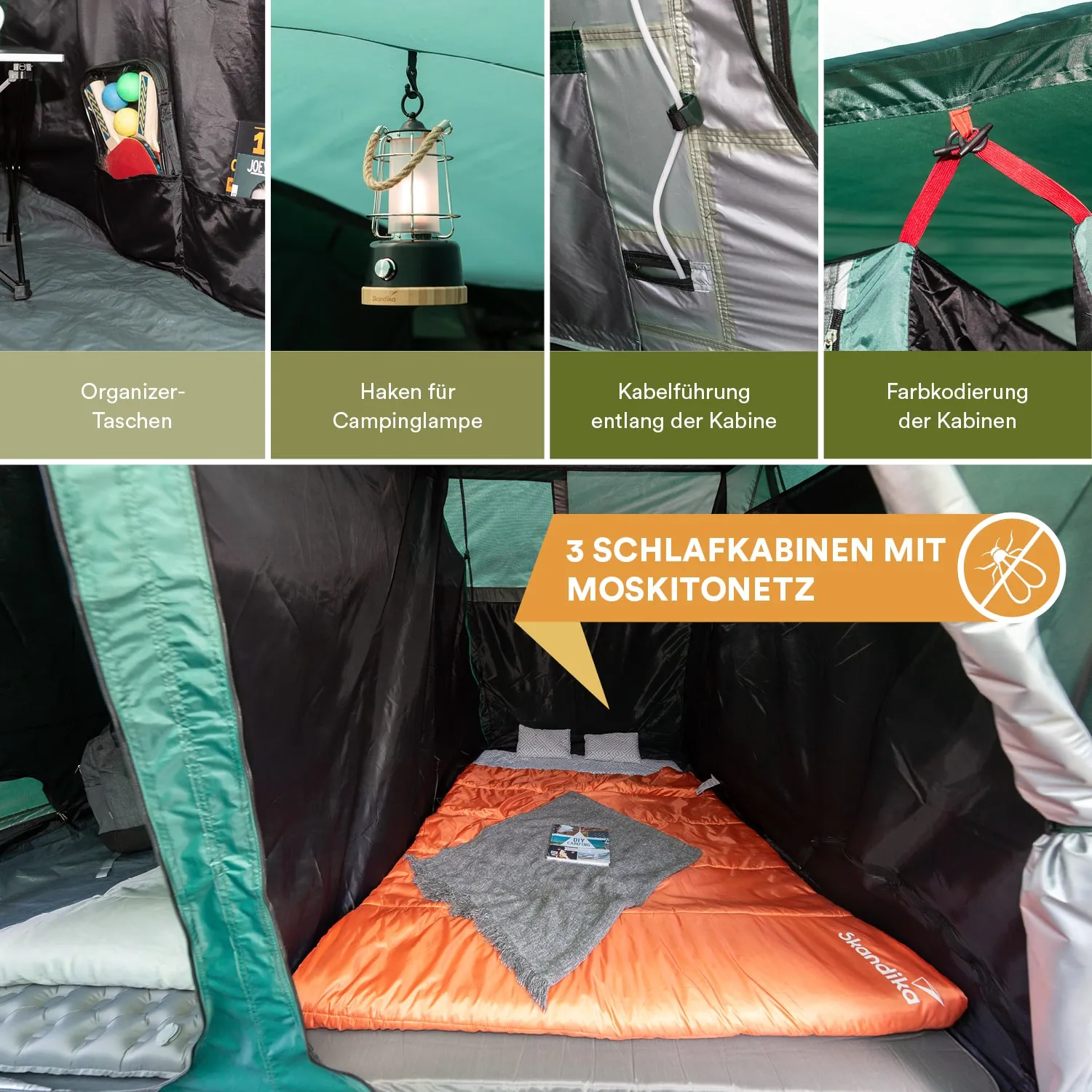 Zeltinnere mit drei Schlafkabinen, Organizer-Taschen, Haken für Campinglampe, Kabelmanagement und Moskitonetz.