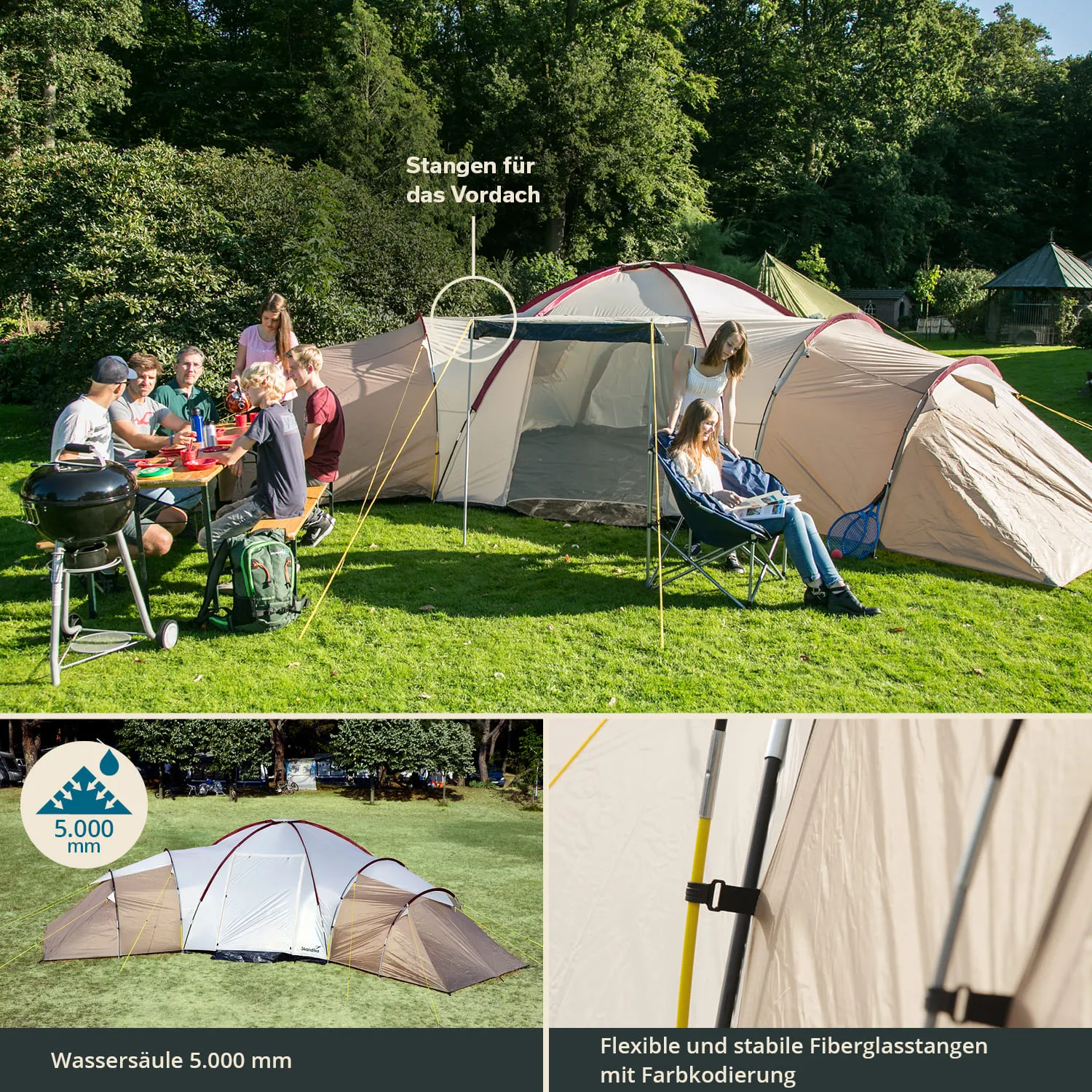 Zelt auf einer grünen Wiese mit mehreren Personen, die an einem Tisch sitzen. Eine Person liegt in einem Stuhl. Neben einem Grill.